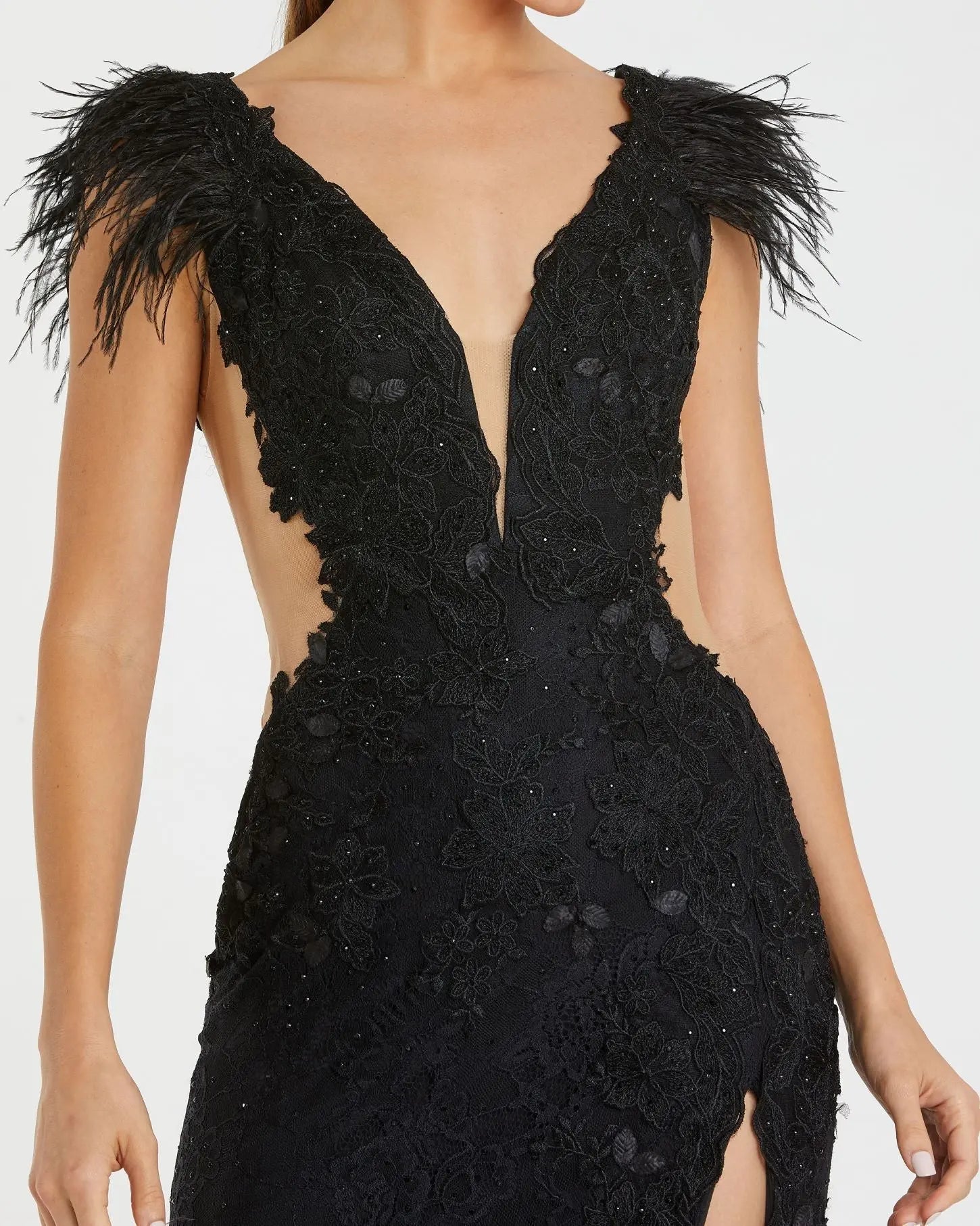 Black Feather Cap Sleeve Lace Gown-Myartka