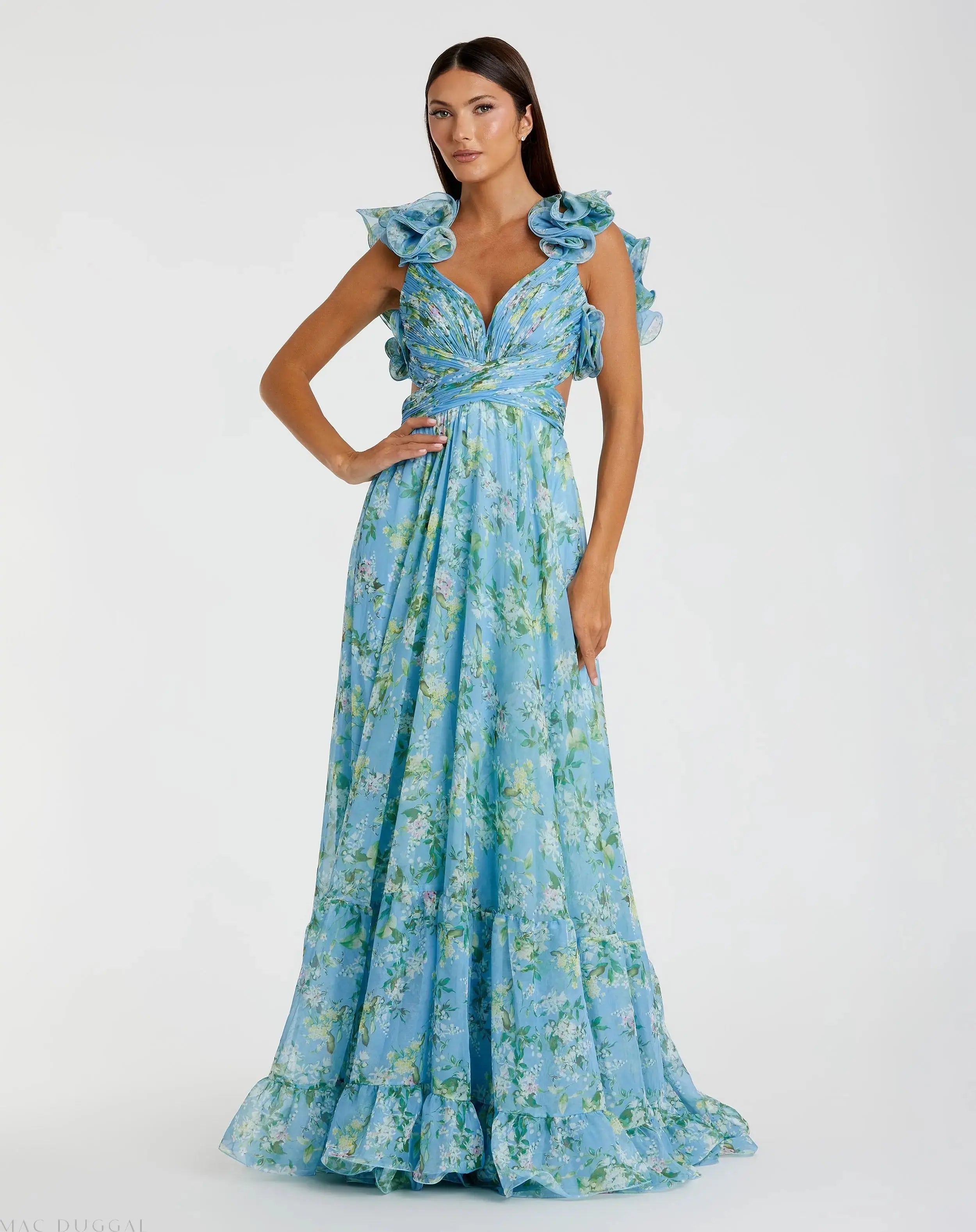 Blue Ruffle Tiered Floral Cut-Out Chiffon Gown-Myartka