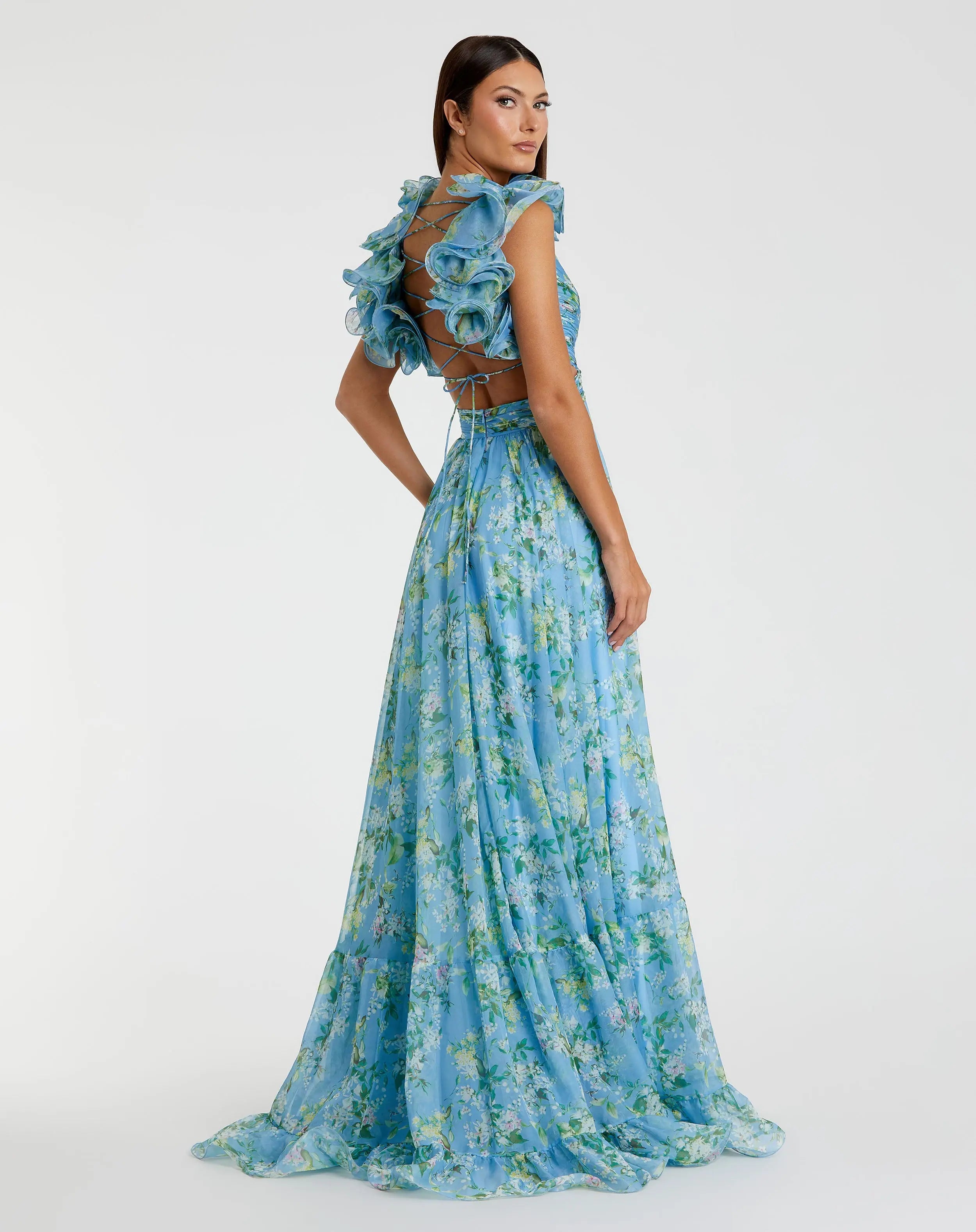 Blue Ruffle Tiered Floral Cut-Out Chiffon Gown-Myartka
