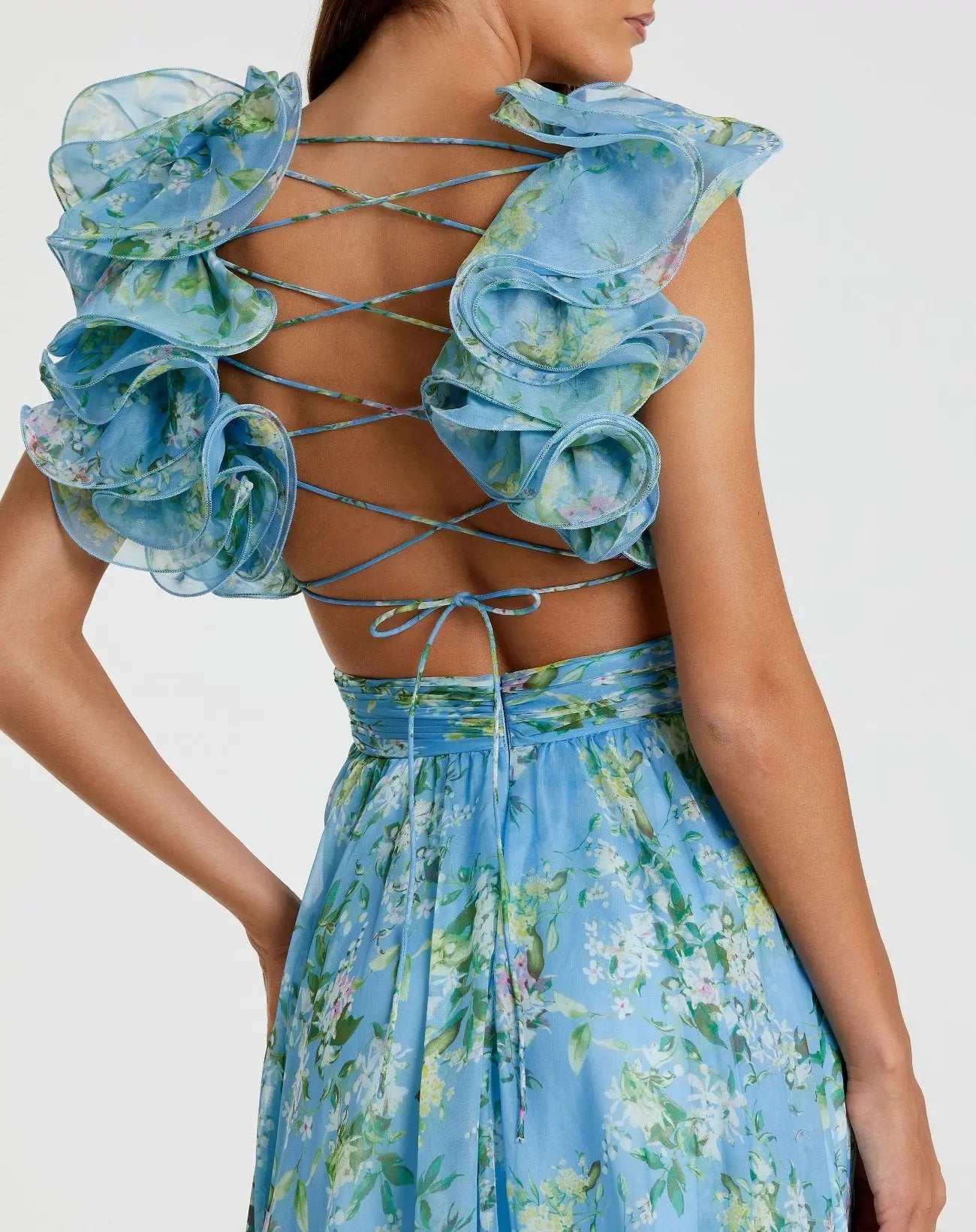 Blue Ruffle Tiered Floral Cut-Out Chiffon Gown-Myartka