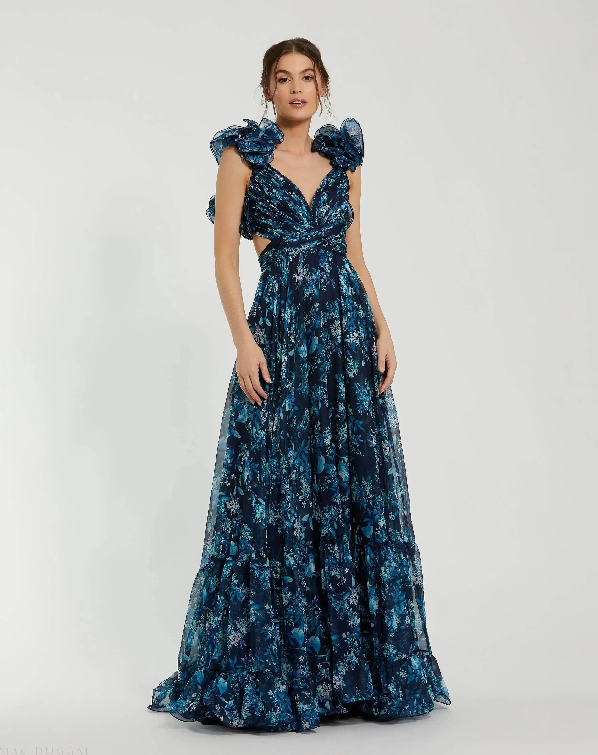 Ruffle Tiered Floral Cut-Out Chiffon Gown-Myartka