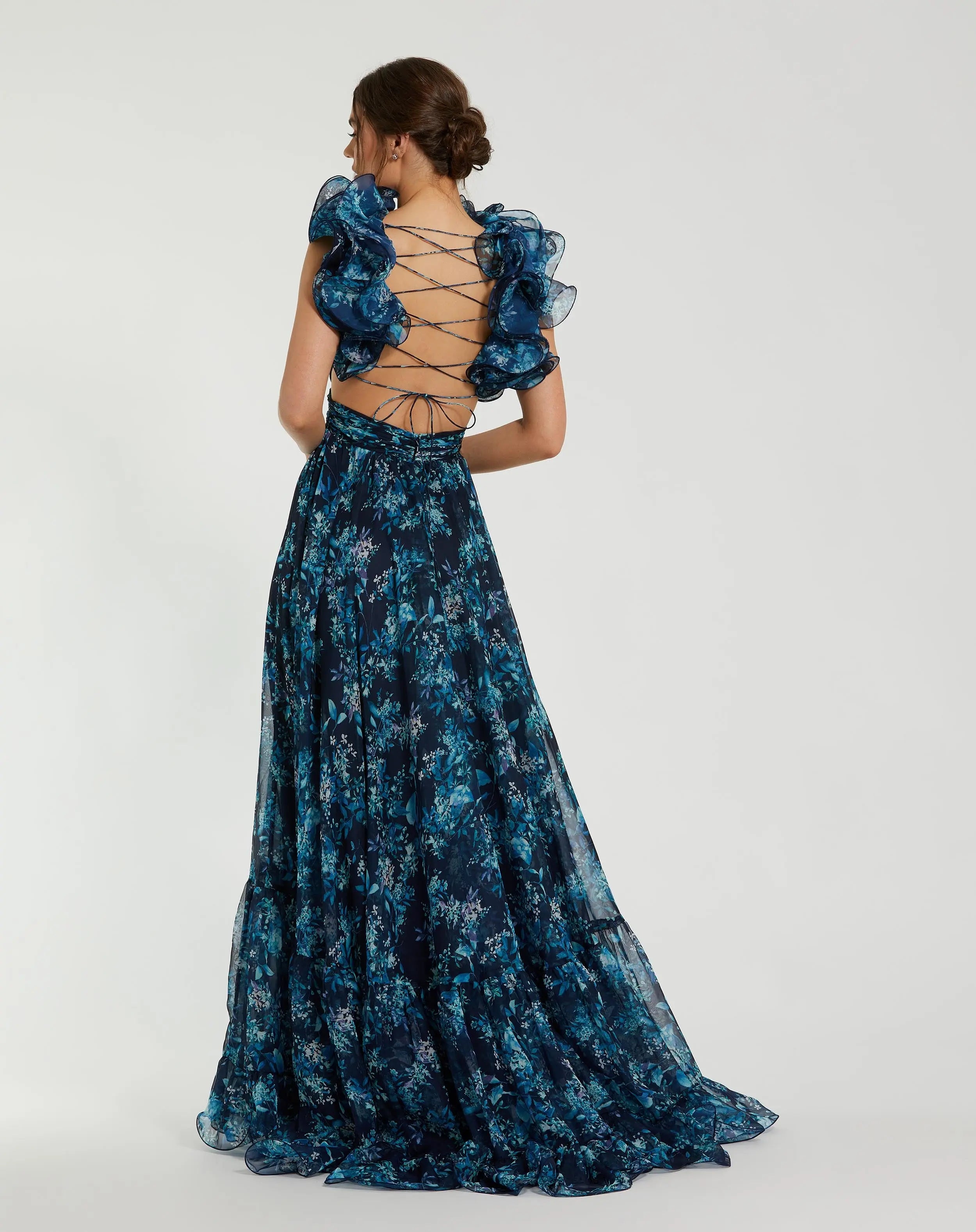Navy Tiered Floral Cut-Out Chiffon Gown-Myartka