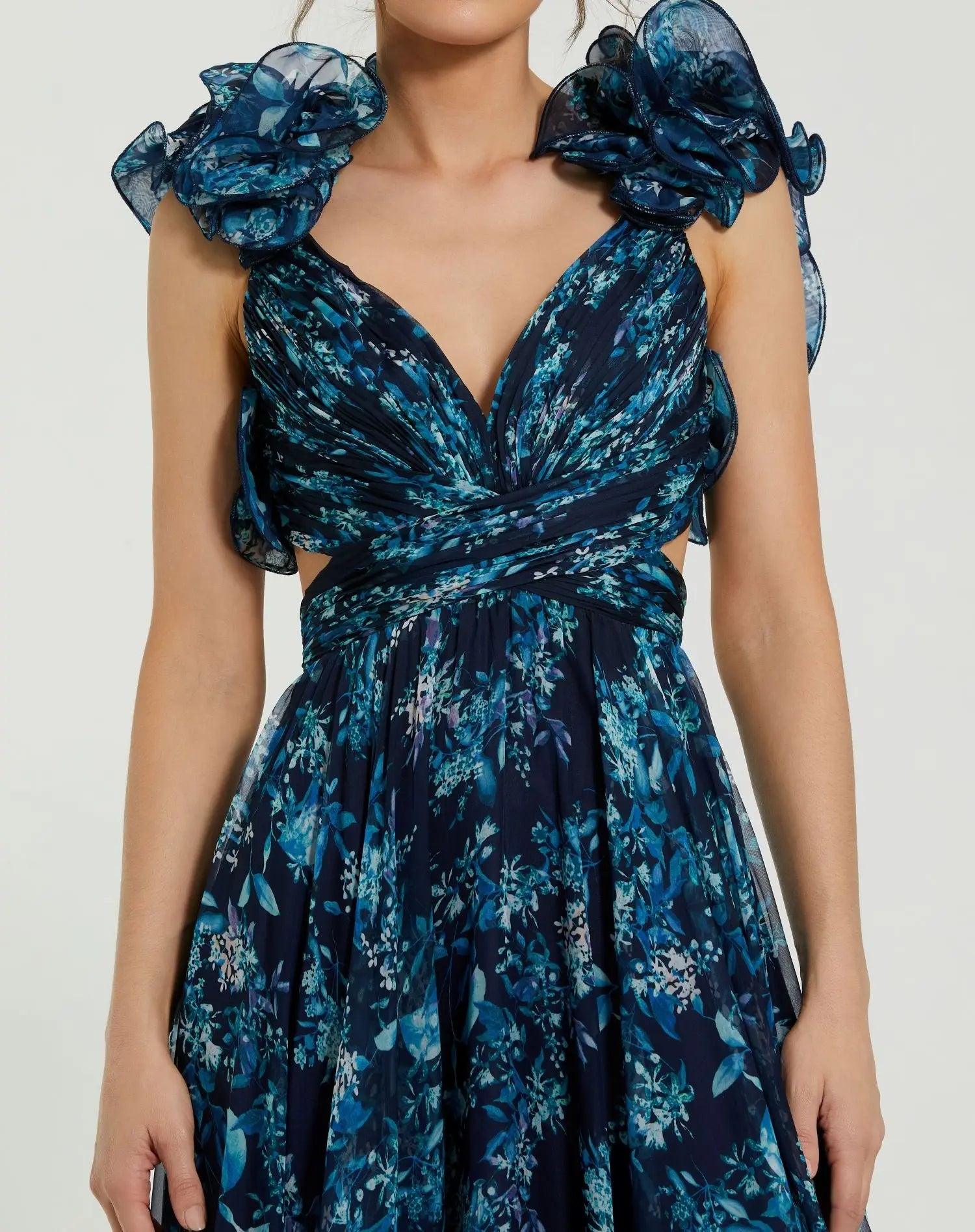 Navy Tiered Floral Cut-Out Chiffon Gown-Myartka