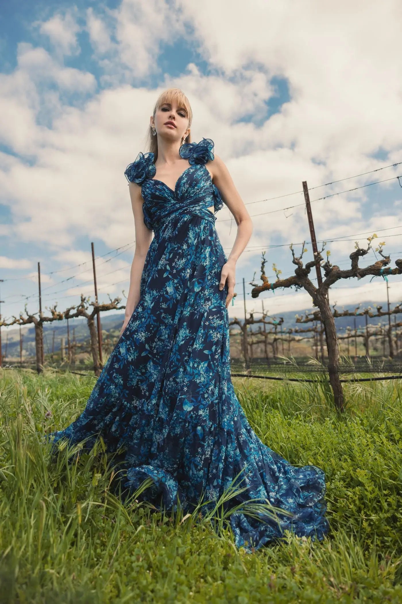 Navy Tiered Floral Cut-Out Chiffon Gown-Myartka