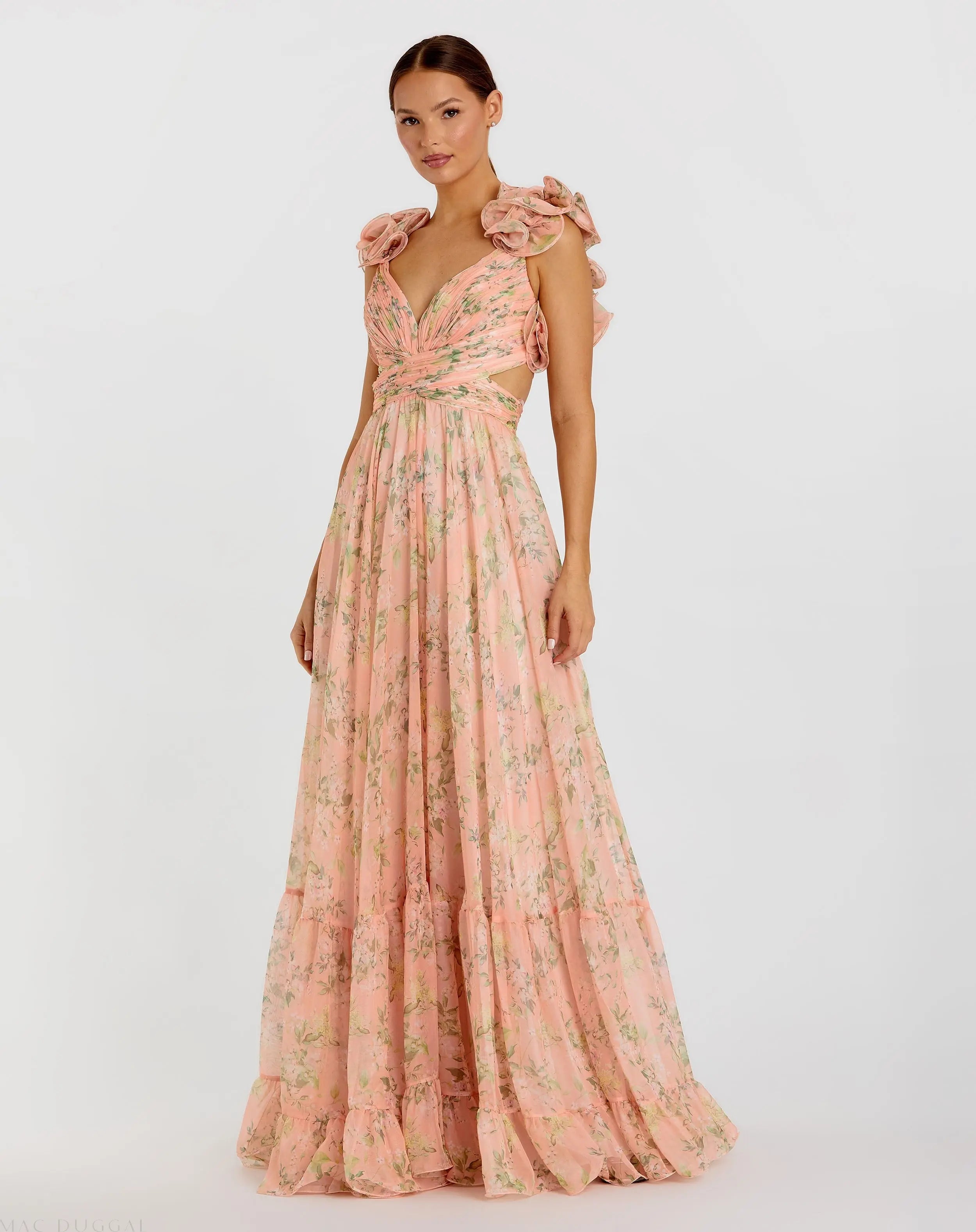 Pink Ruffle Tiered Floral Cut-Out Chiffon Gown-Myartka