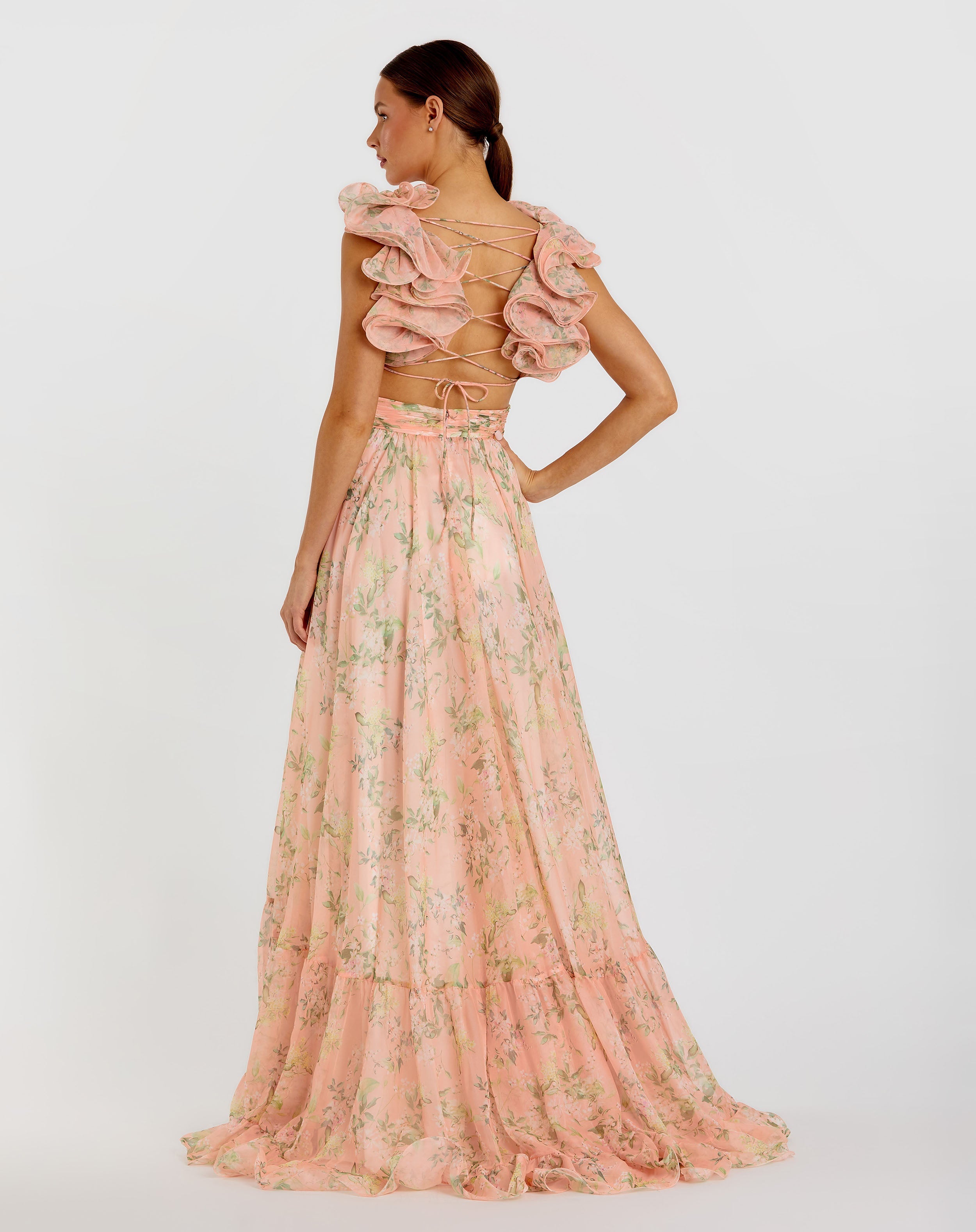 Pink Ruffle Tiered Floral Cut-Out Chiffon Gown-Myartka