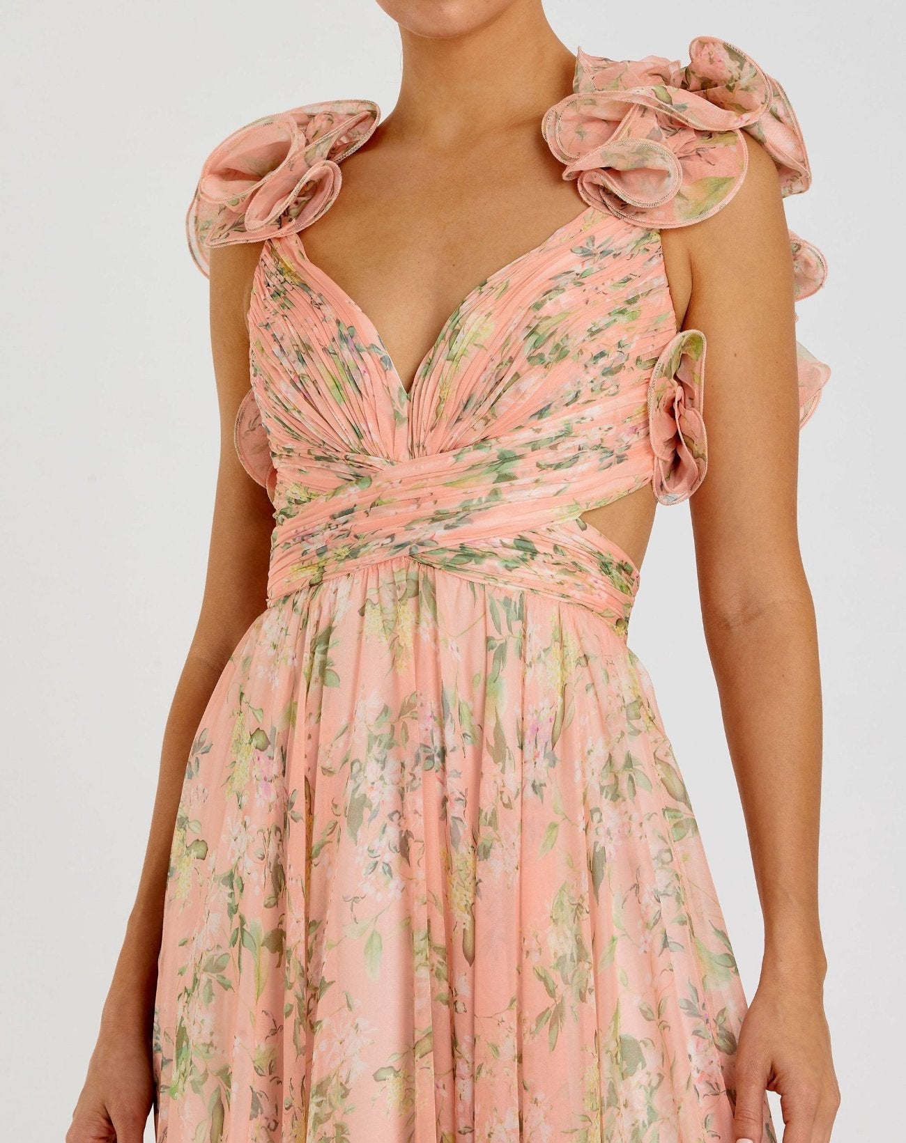 Pink Ruffle Tiered Floral Cut-Out Chiffon Gown-Myartka