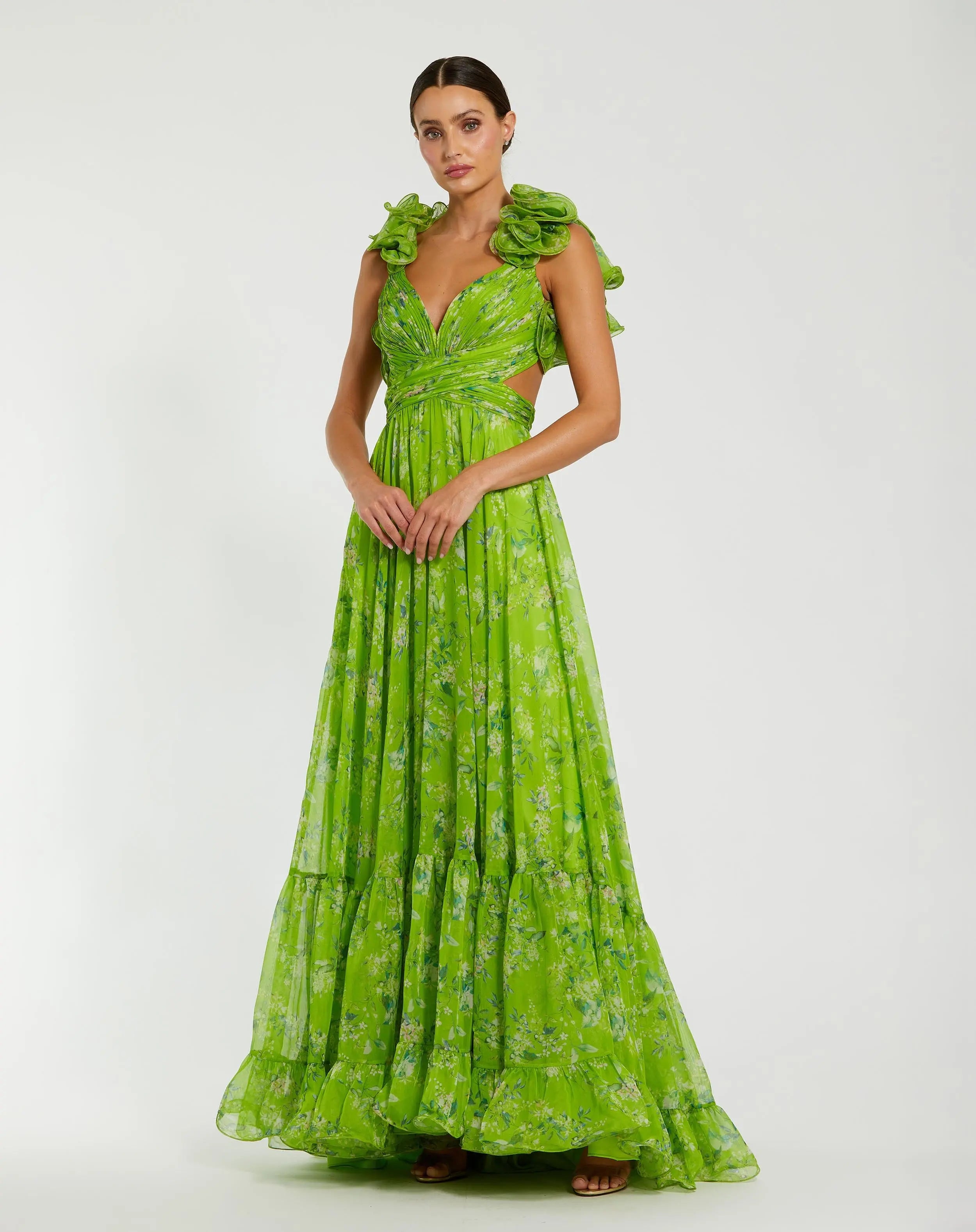 Green Ruffle Tiered Floral Cut-Out Chiffon Gown-Myartka