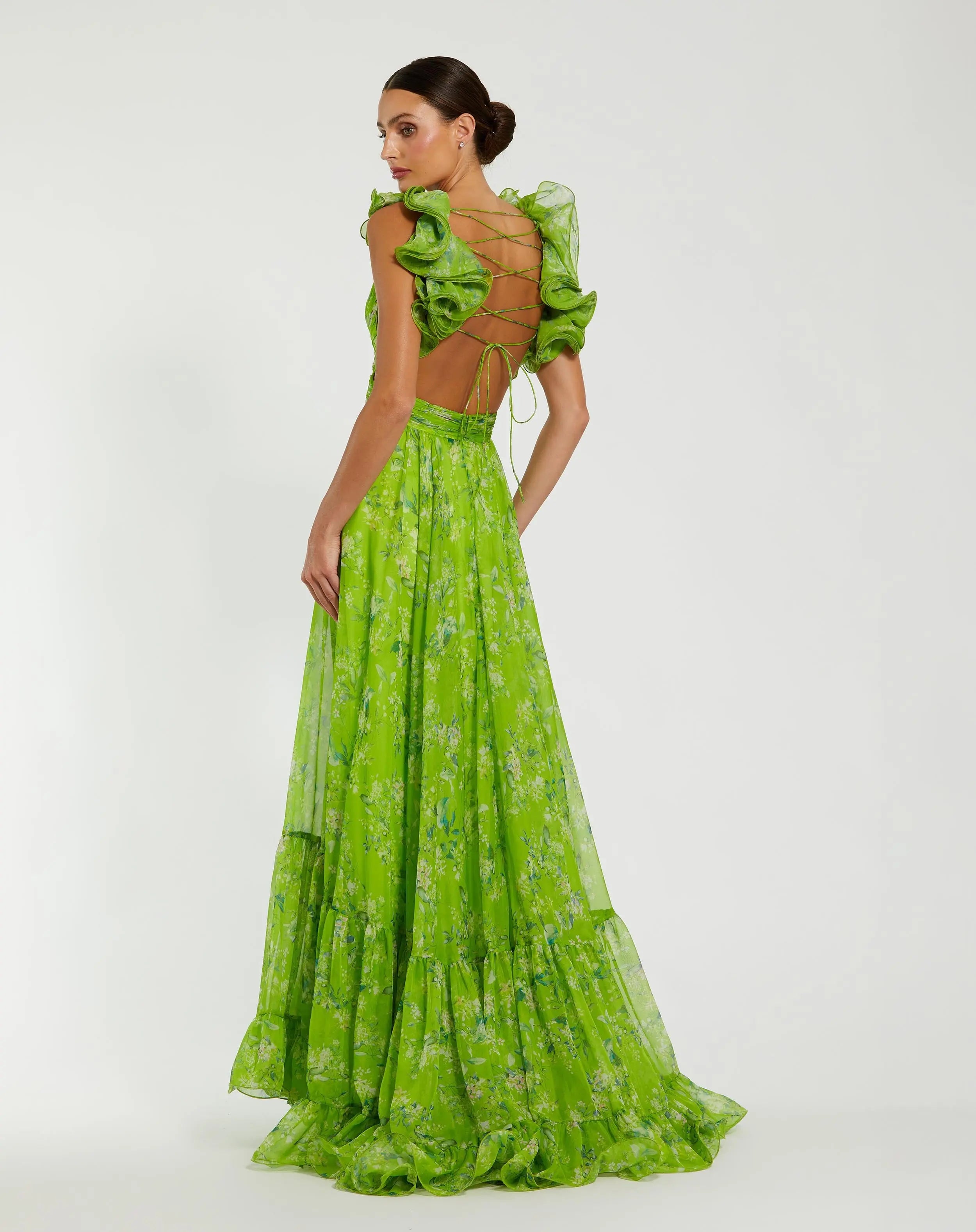 Green Ruffle Tiered Floral Cut-Out Chiffon Gown-Myartka