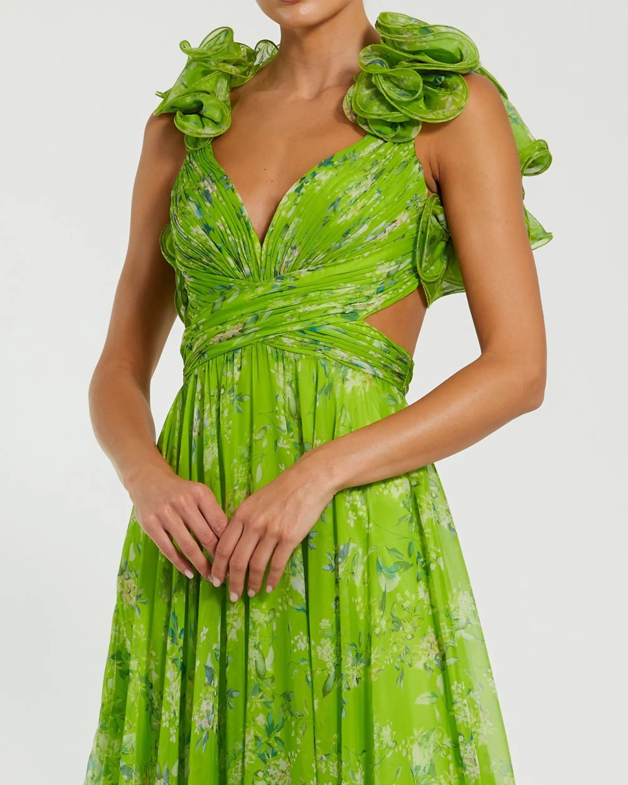 Green Ruffle Tiered Floral Cut-Out Chiffon Gown-Myartka