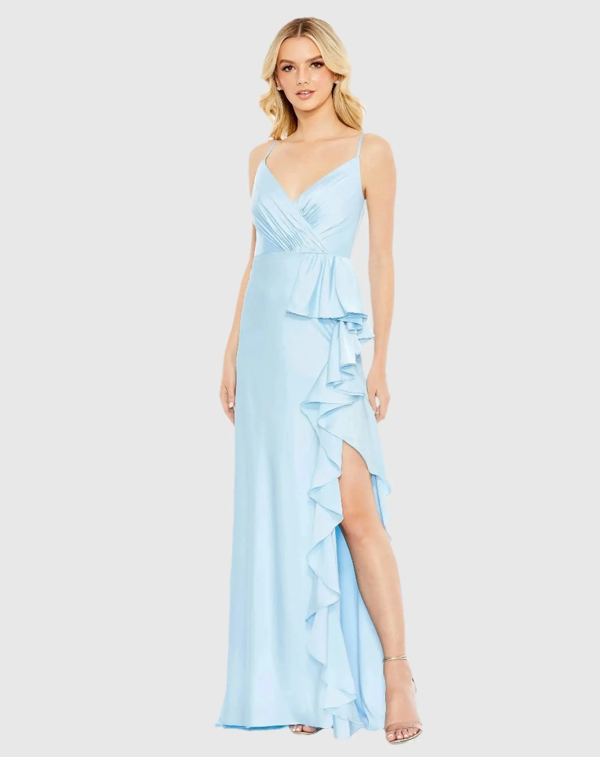 Blue V-Neck Spaghetti Strap Satin Gown-Myartka