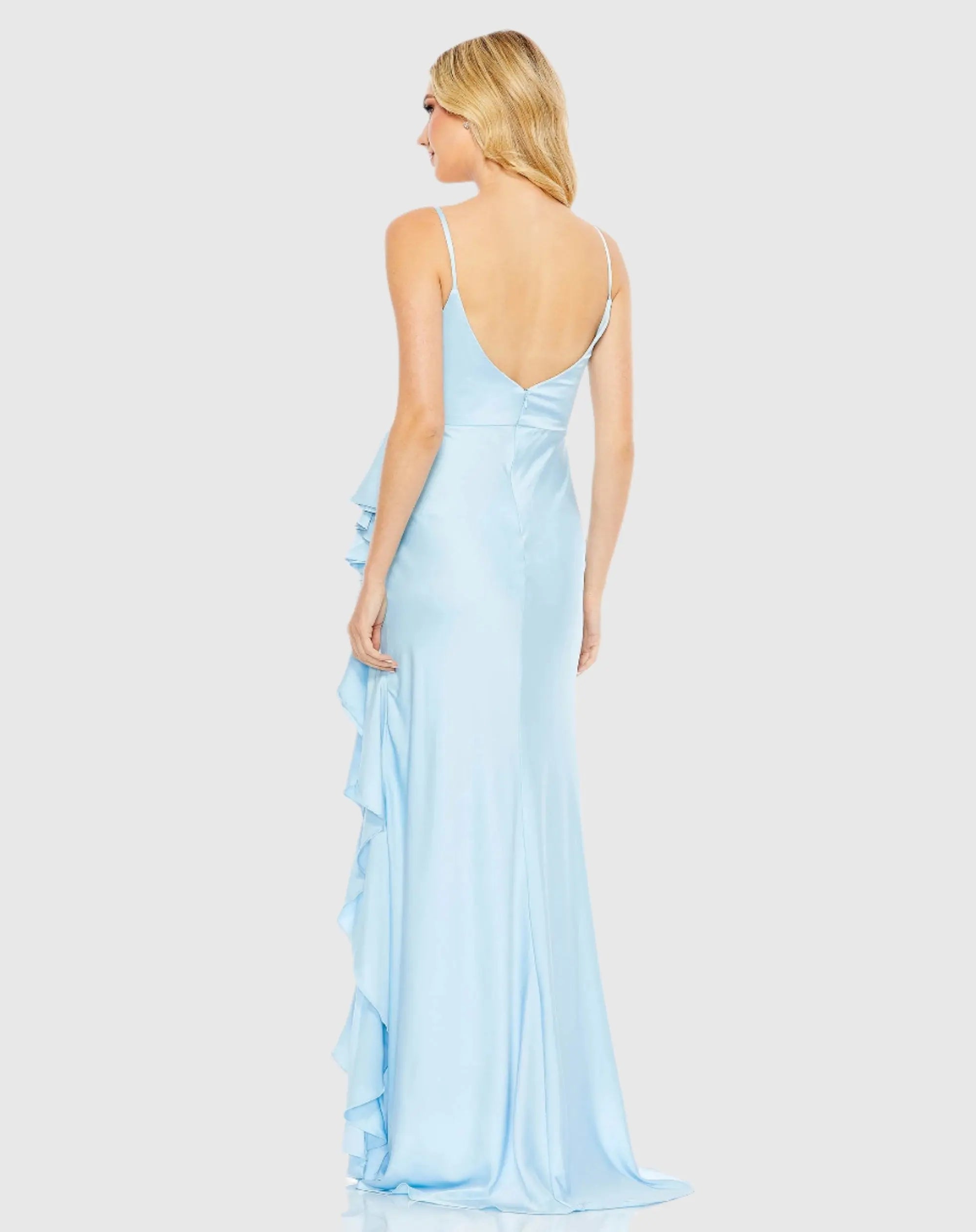 Blue V-Neck Spaghetti Strap Satin Gown-Myartka
