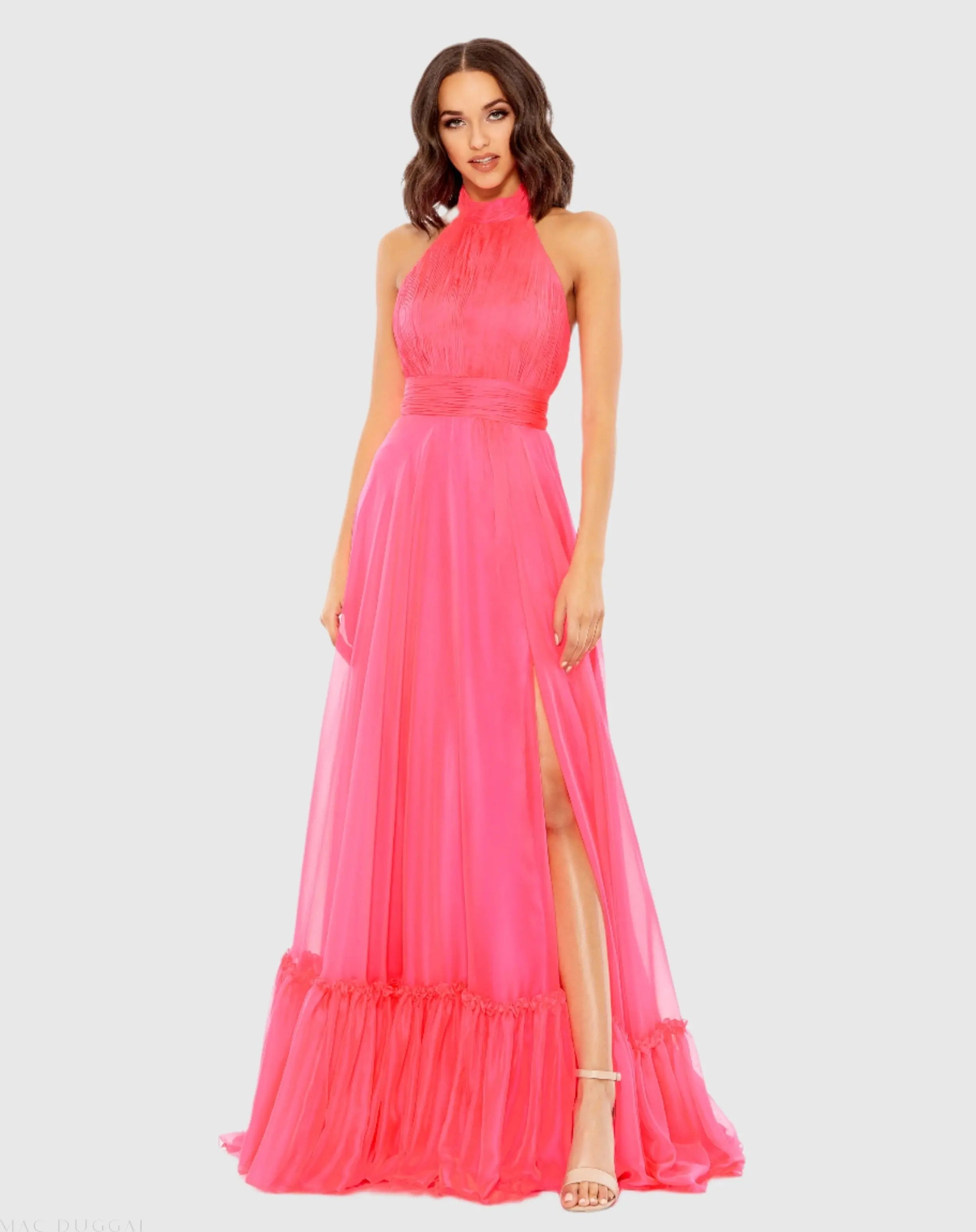 Pink High Neck Tiered Chiffon Halter Gown-Myartka
