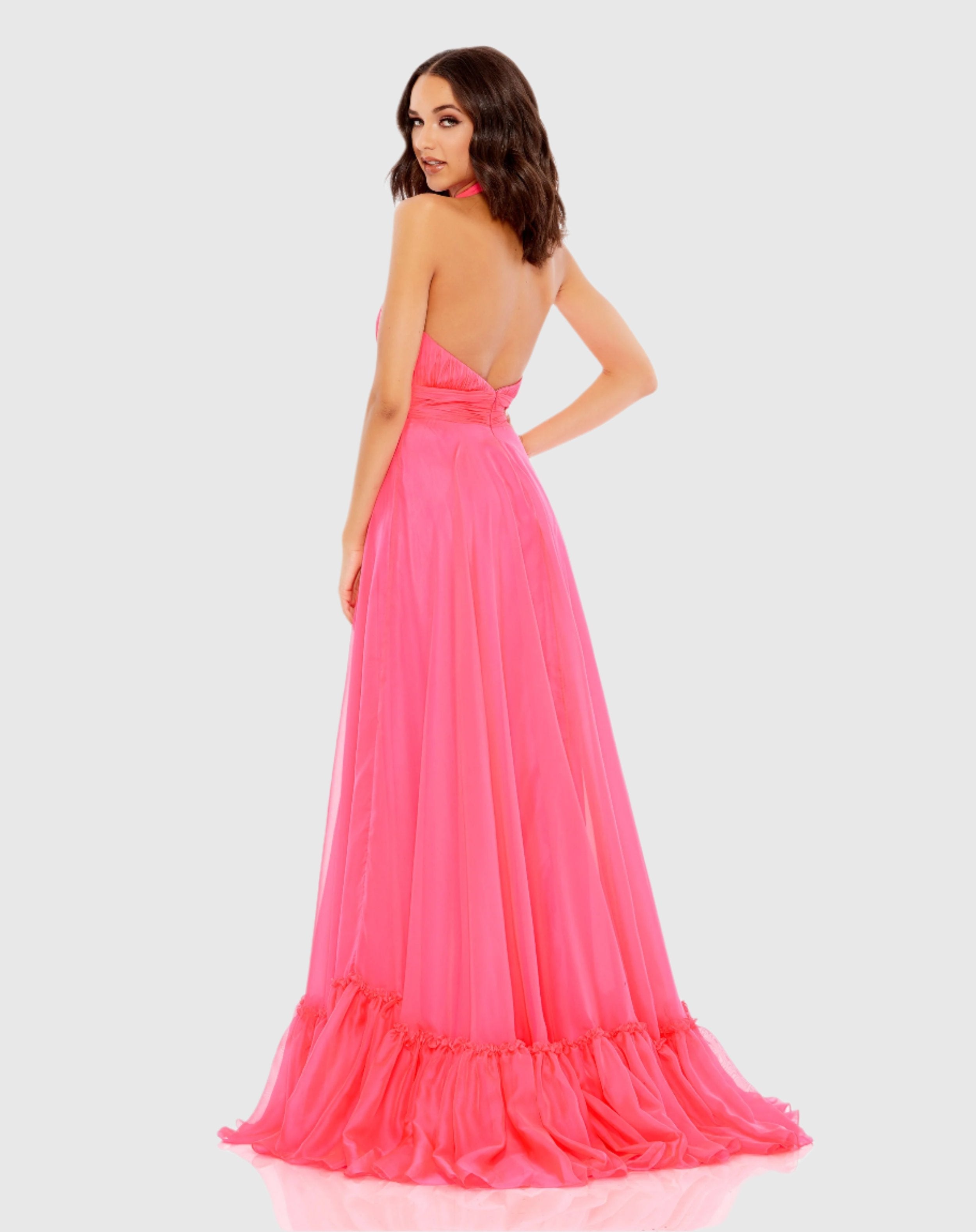 Pink High Neck Tiered Chiffon Halter Gown-Myartka
