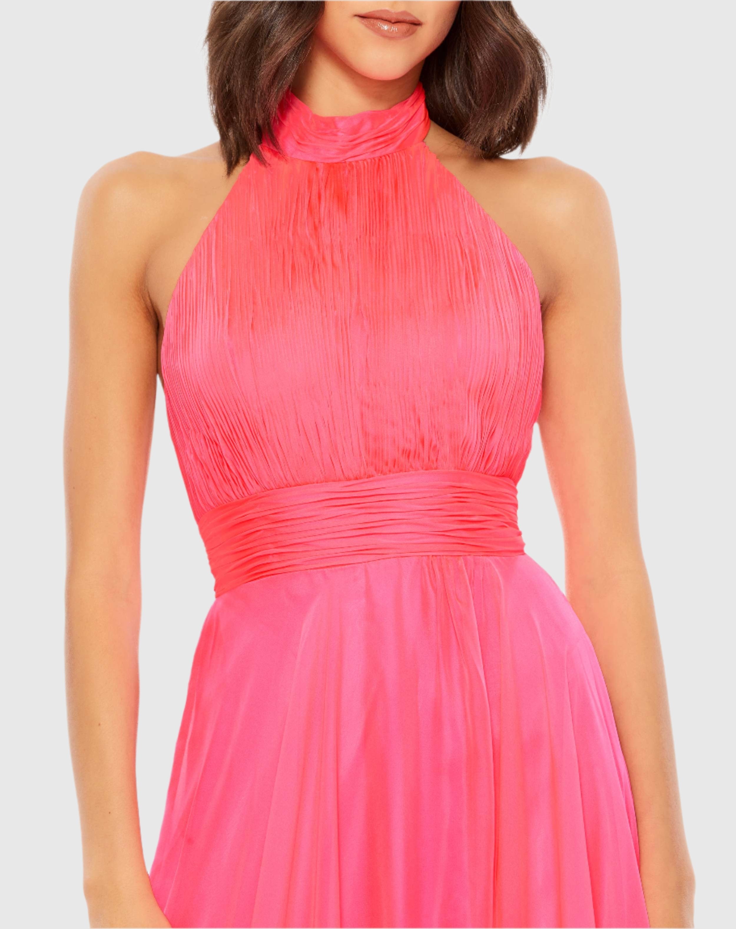 Pink High Neck Tiered Chiffon Halter Gown-Myartka