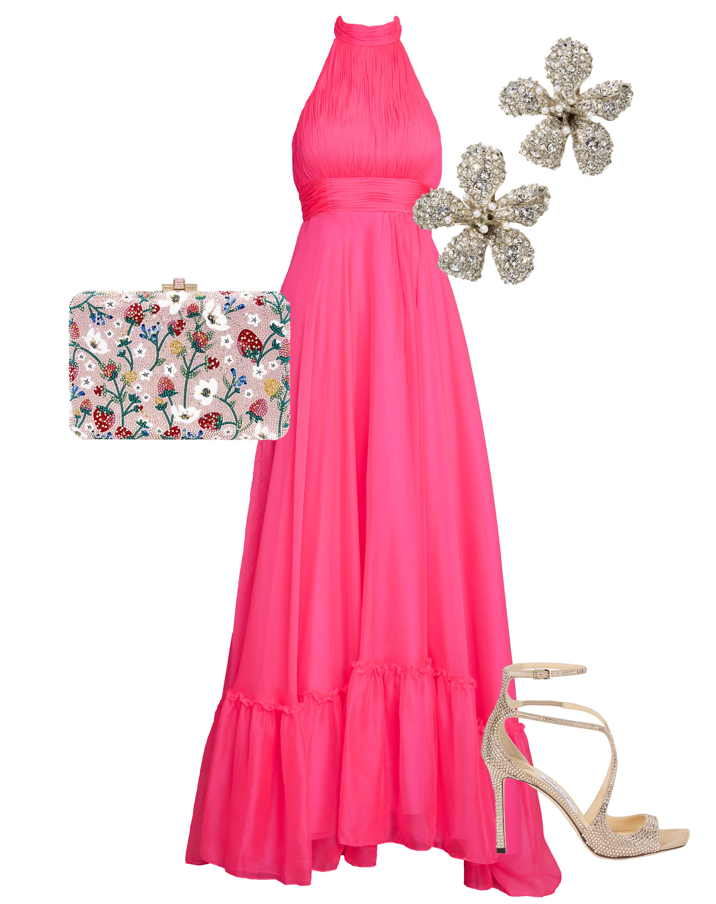 Pink High Neck Tiered Chiffon Halter Gown-Myartka