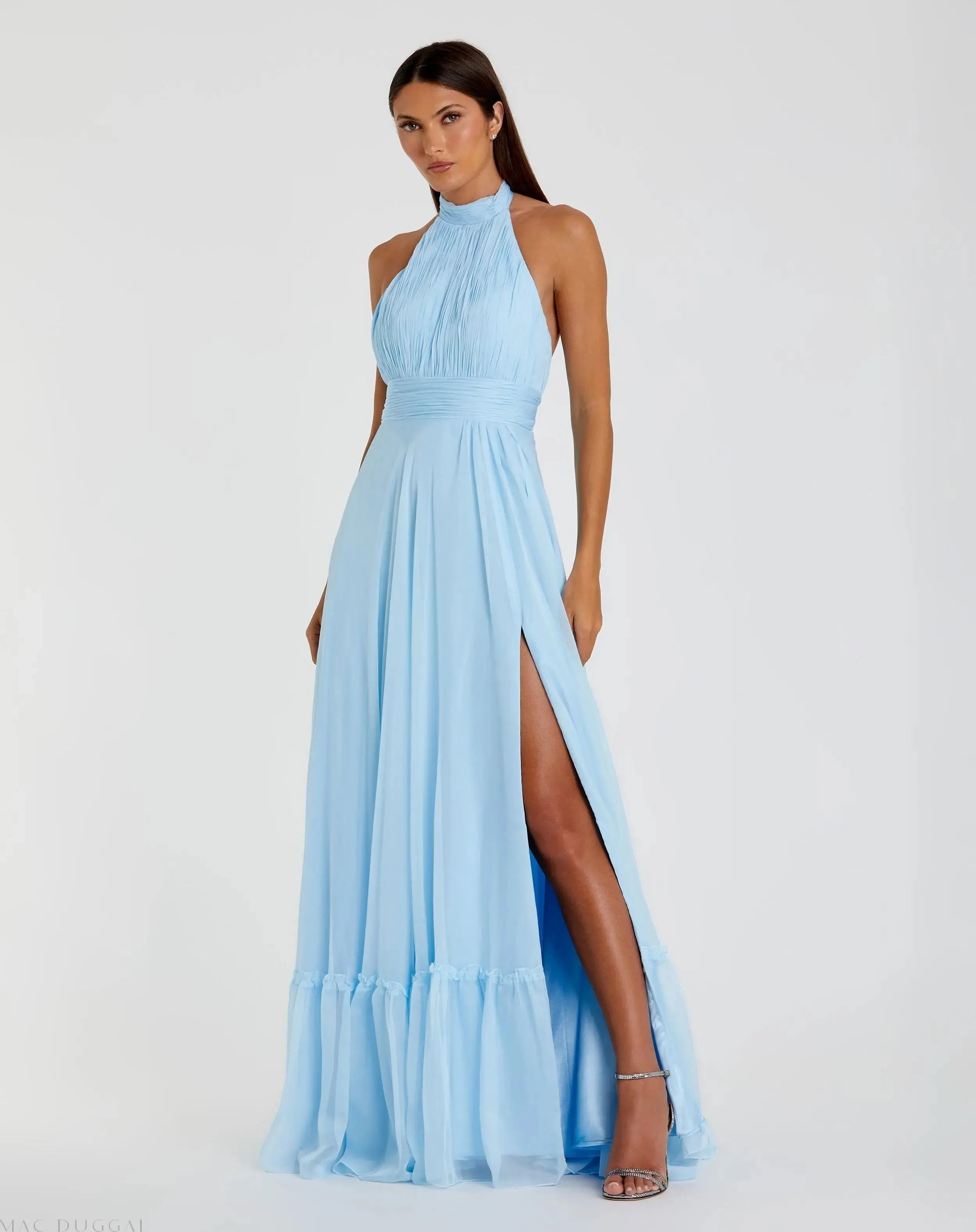 Blue High Neck Tiered Chiffon Halter Gown-Myartka