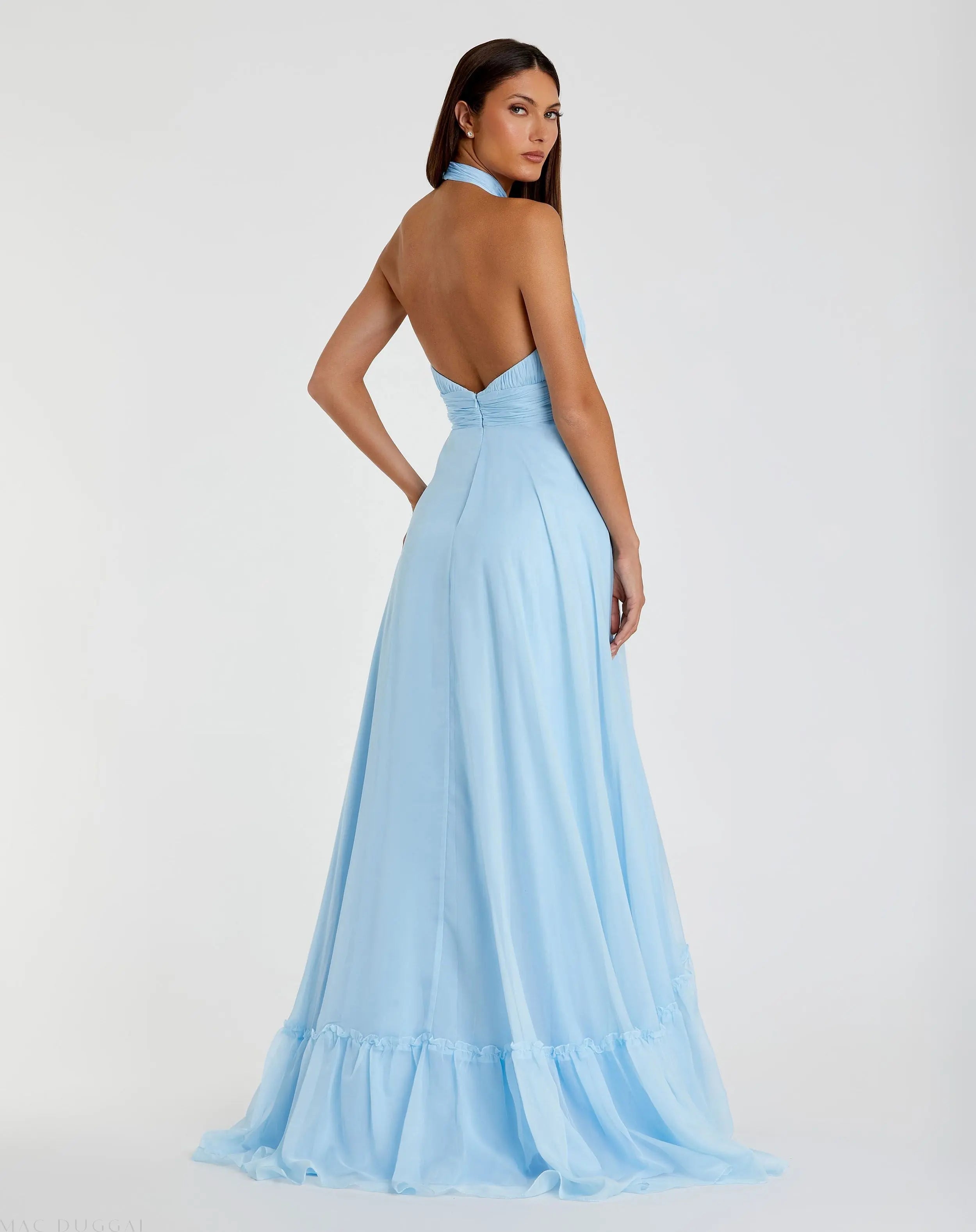 Blue High Neck Tiered Chiffon Halter Gown-Myartka