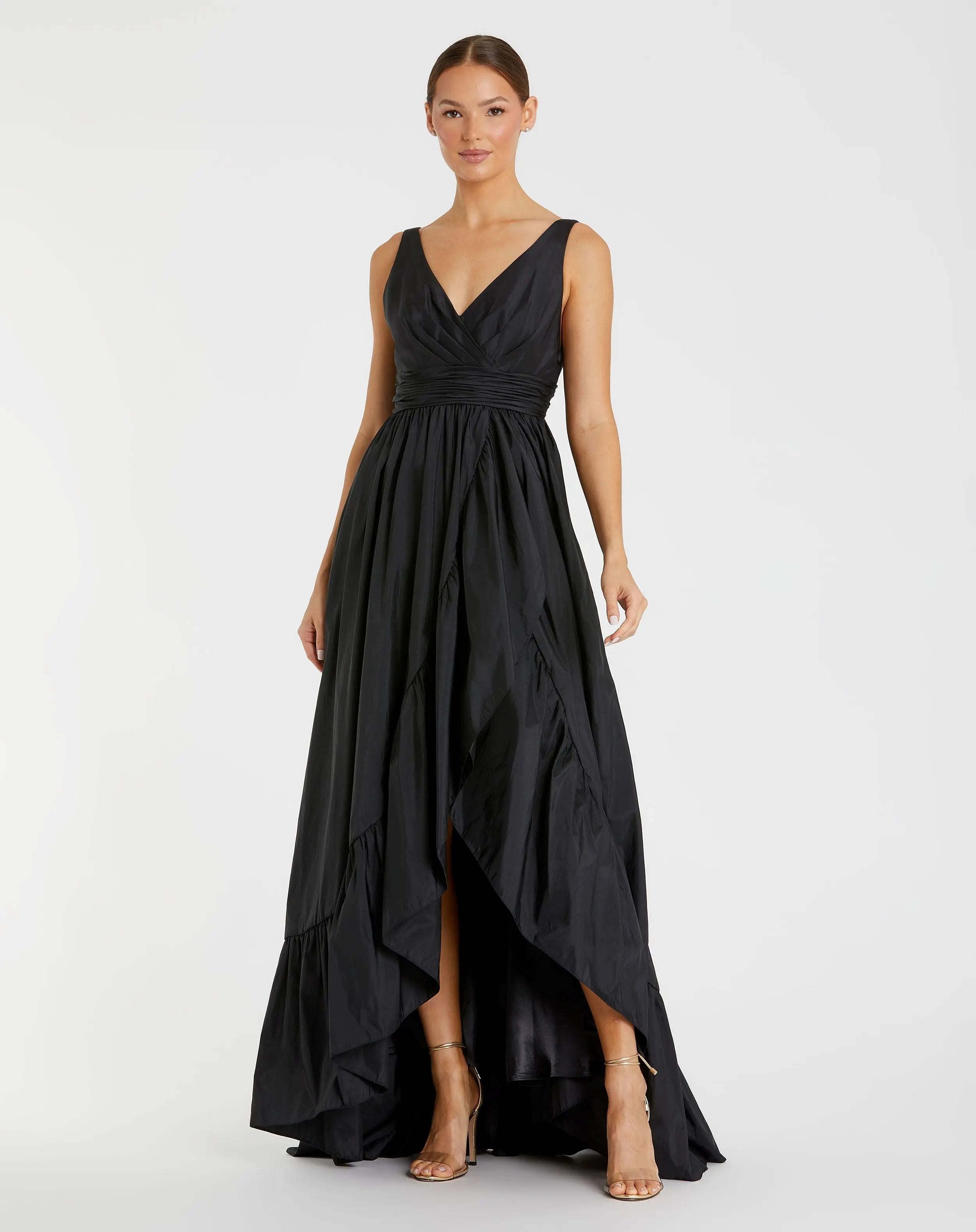 Black Taffeta High Low Ruffle Gown-Myartka