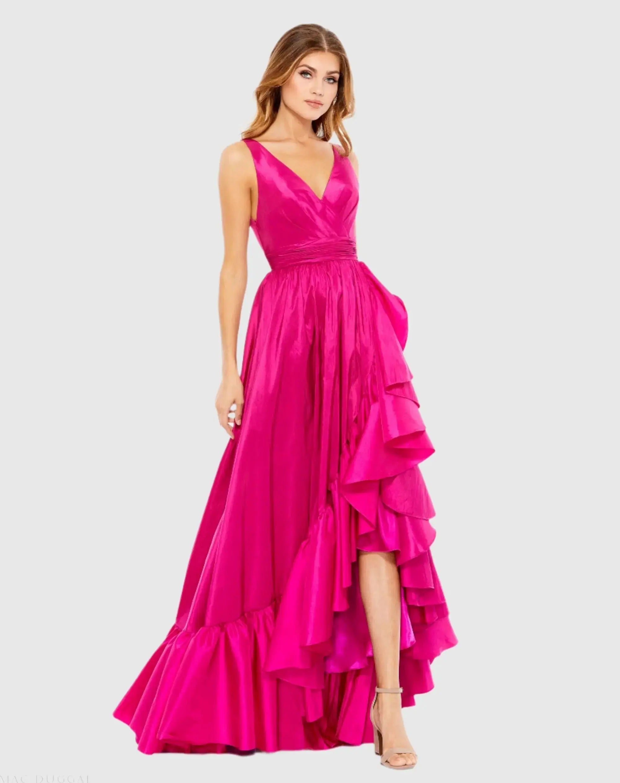 Pink Taffeta High Low Ruffle Gown-Myartka