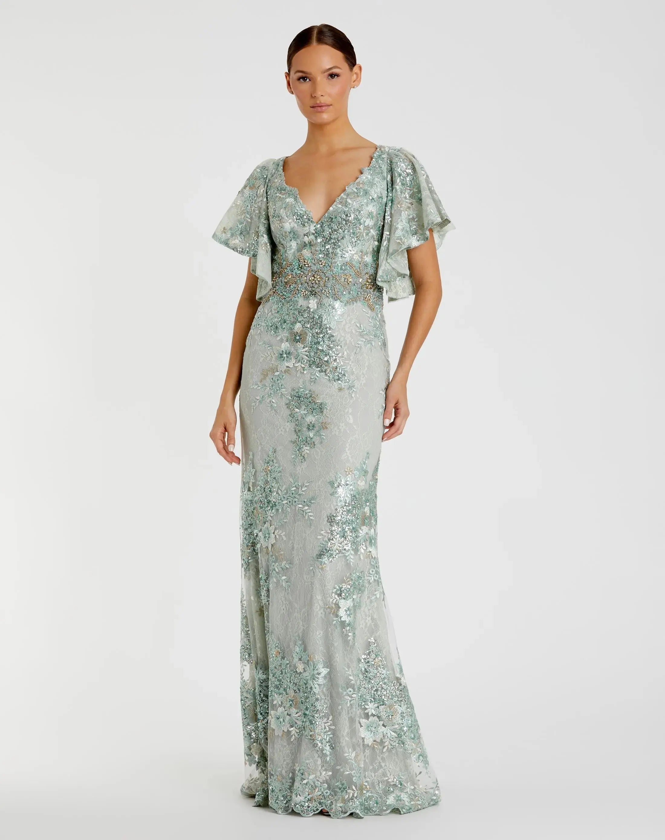 Bell Sleeve Floral Embellished Gown-Myartka