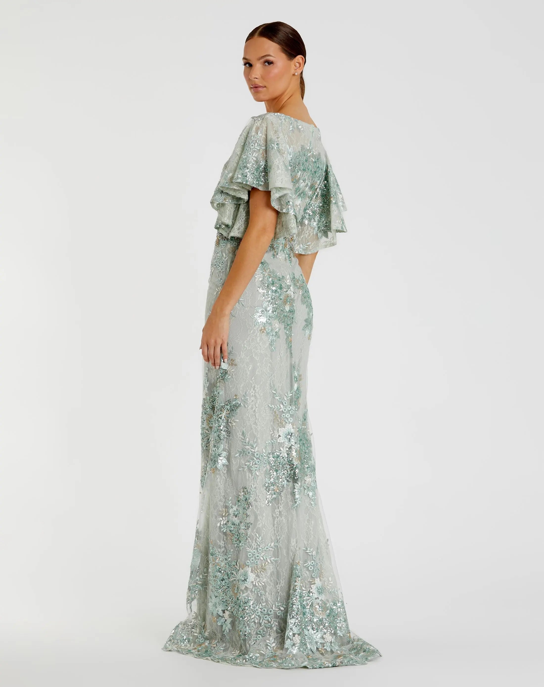 Green Bell Sleeve Floral Embellished Gown-Myartka