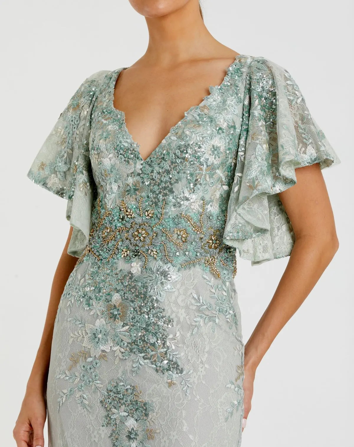Green Bell Sleeve Floral Embellished Gown-Myartka