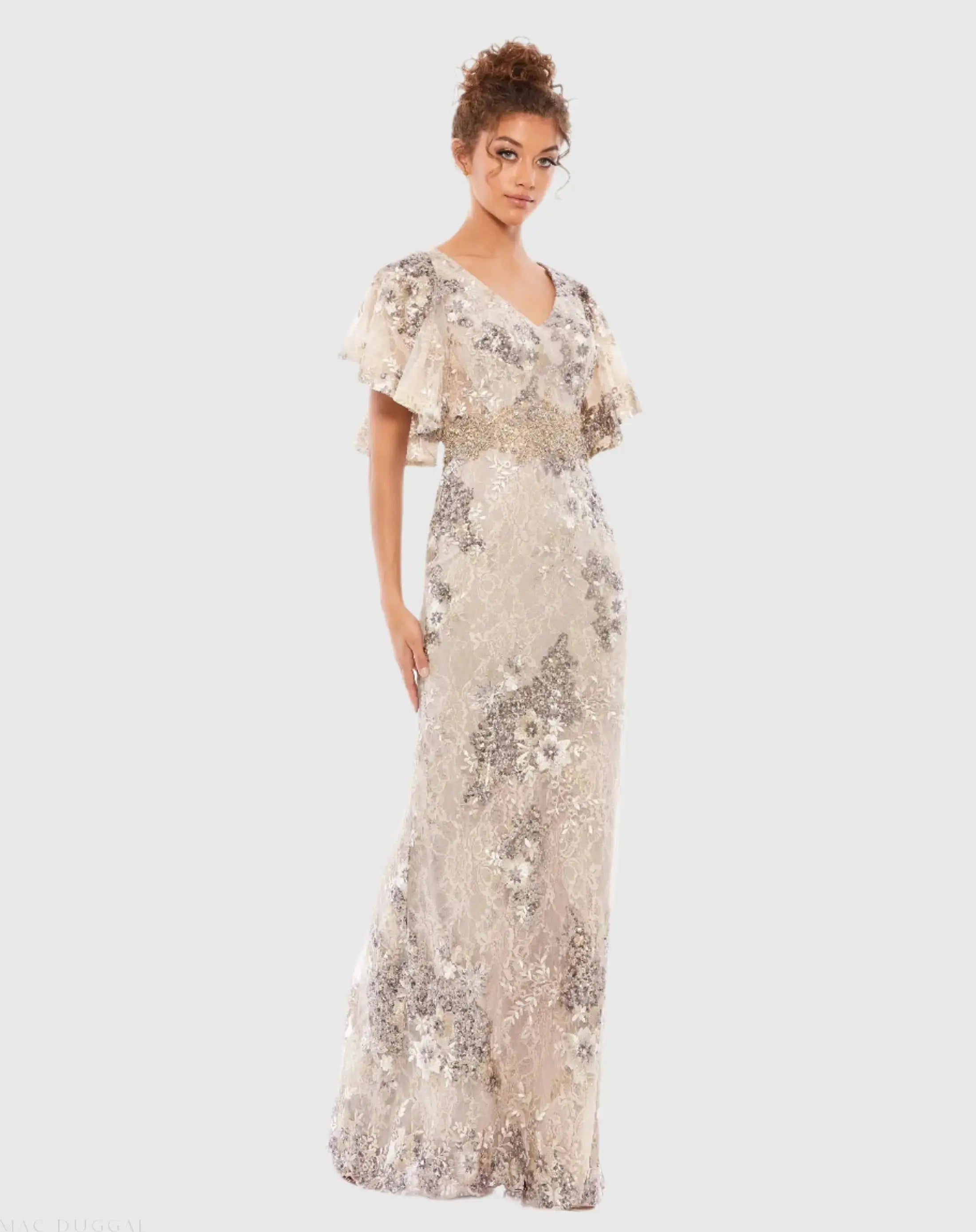 Bell Sleeve Floral Embellished Gown-Myartka
