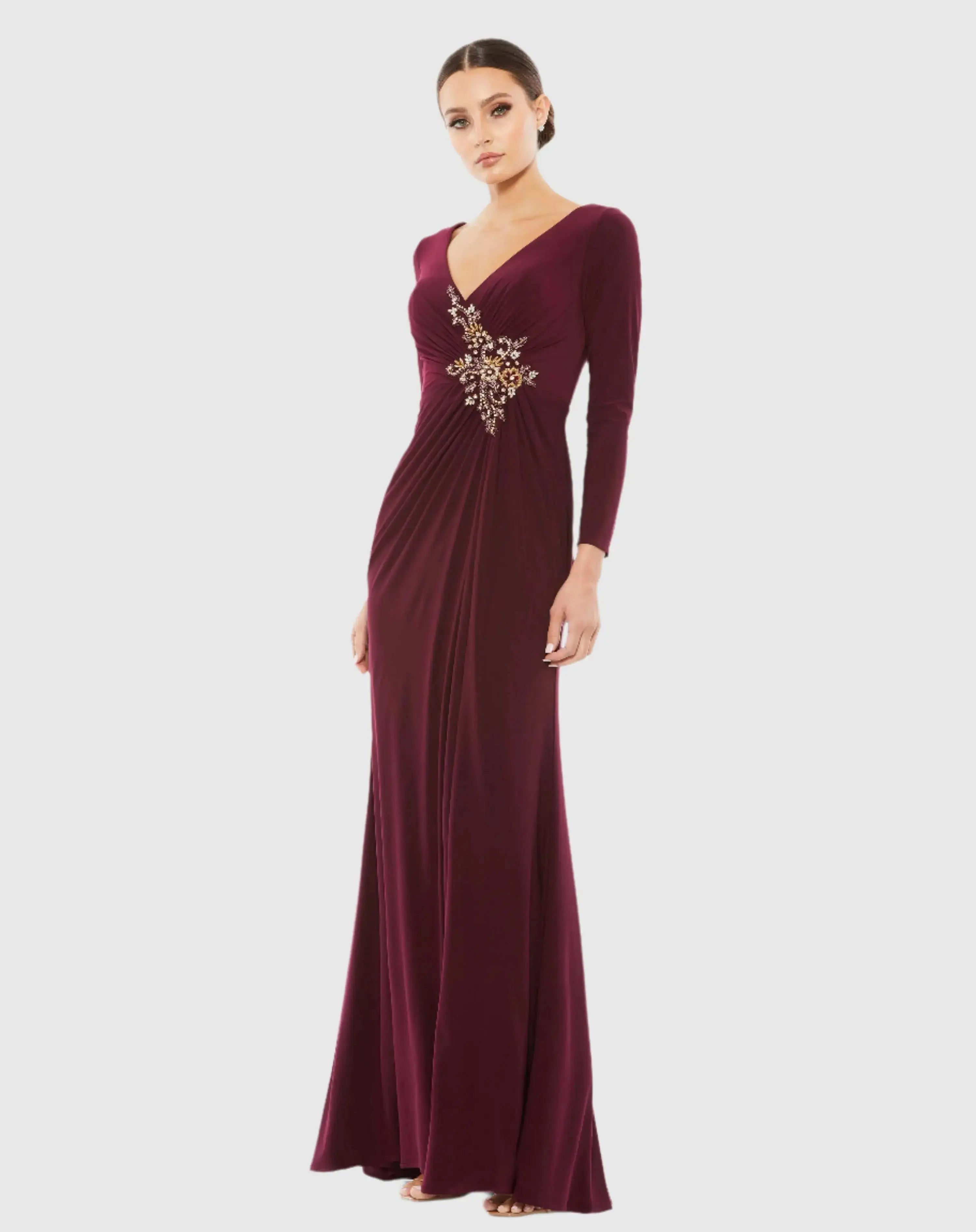 Red Faux Wrap Long Sleeve Evening Gown with Appliqué Detail-Myartka