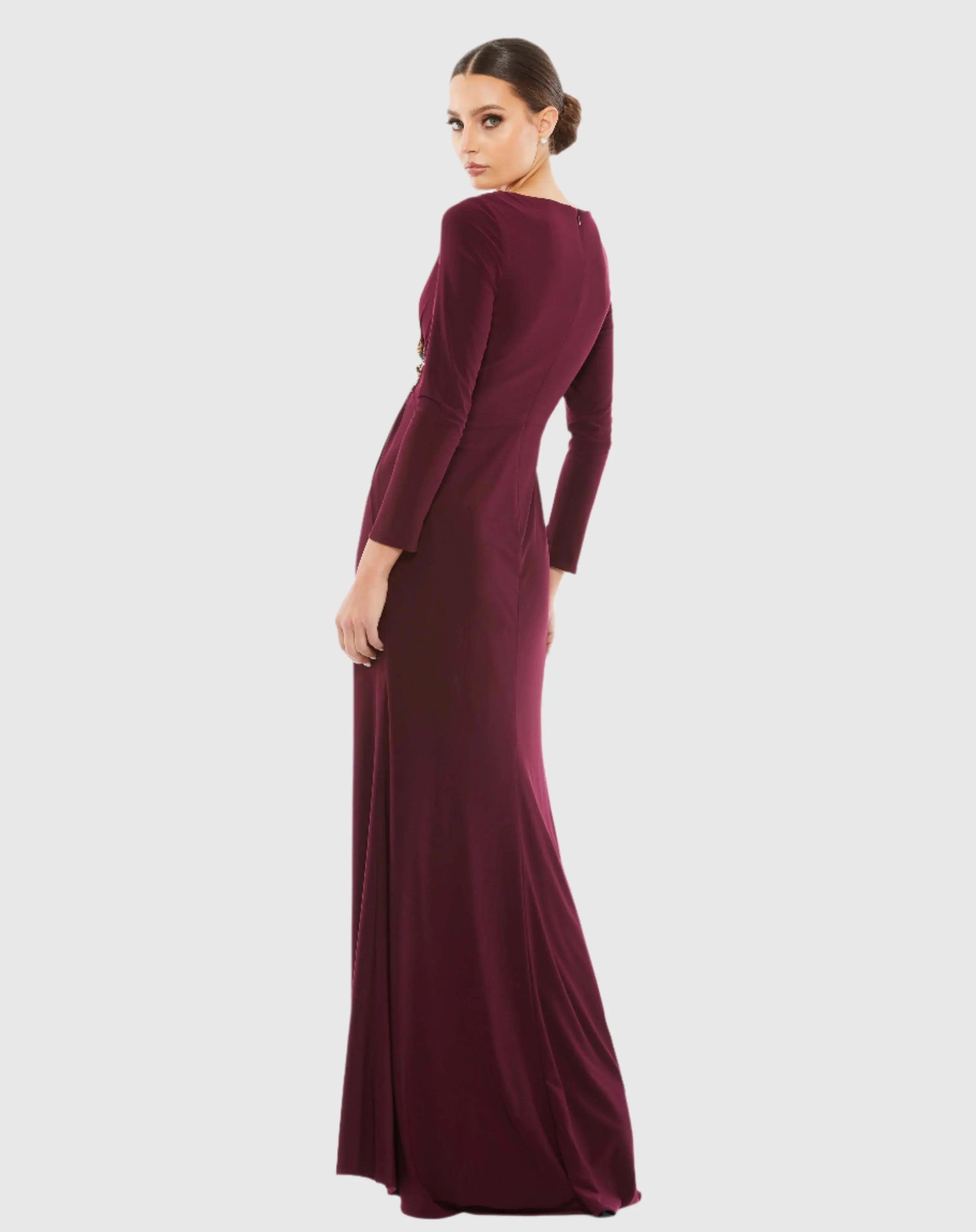 Red Faux Wrap Long Sleeve Evening Gown with Appliqué Detail-Myartka