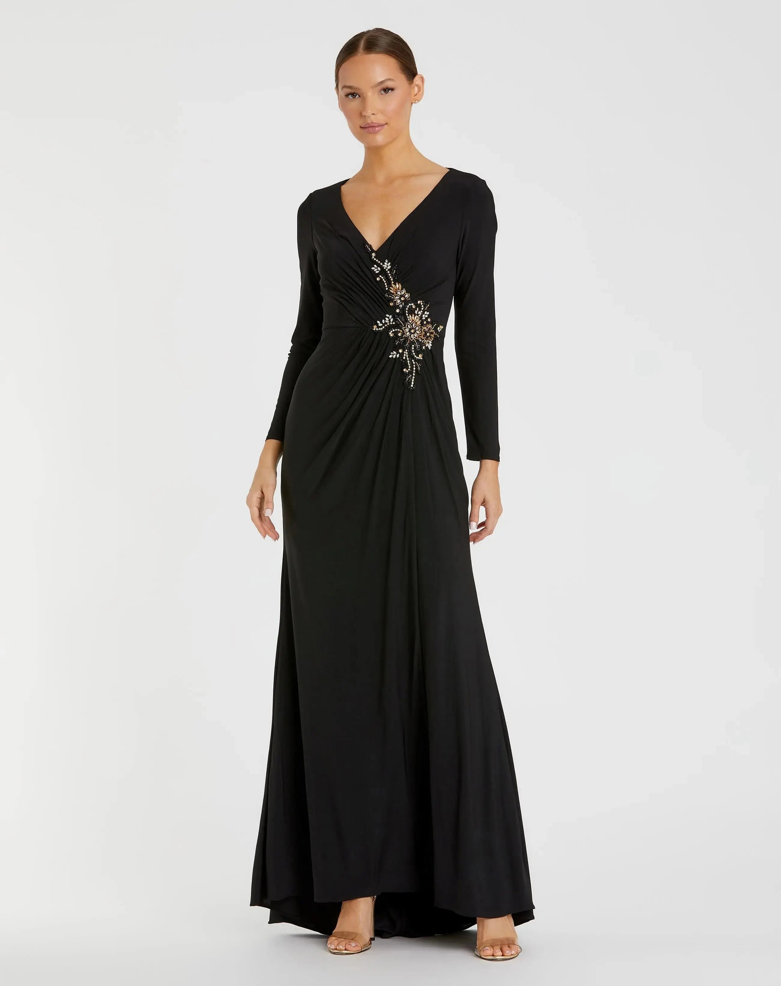 Black Faux Wrap Long Sleeve Evening Gown with Appliqué Detail-Myartka