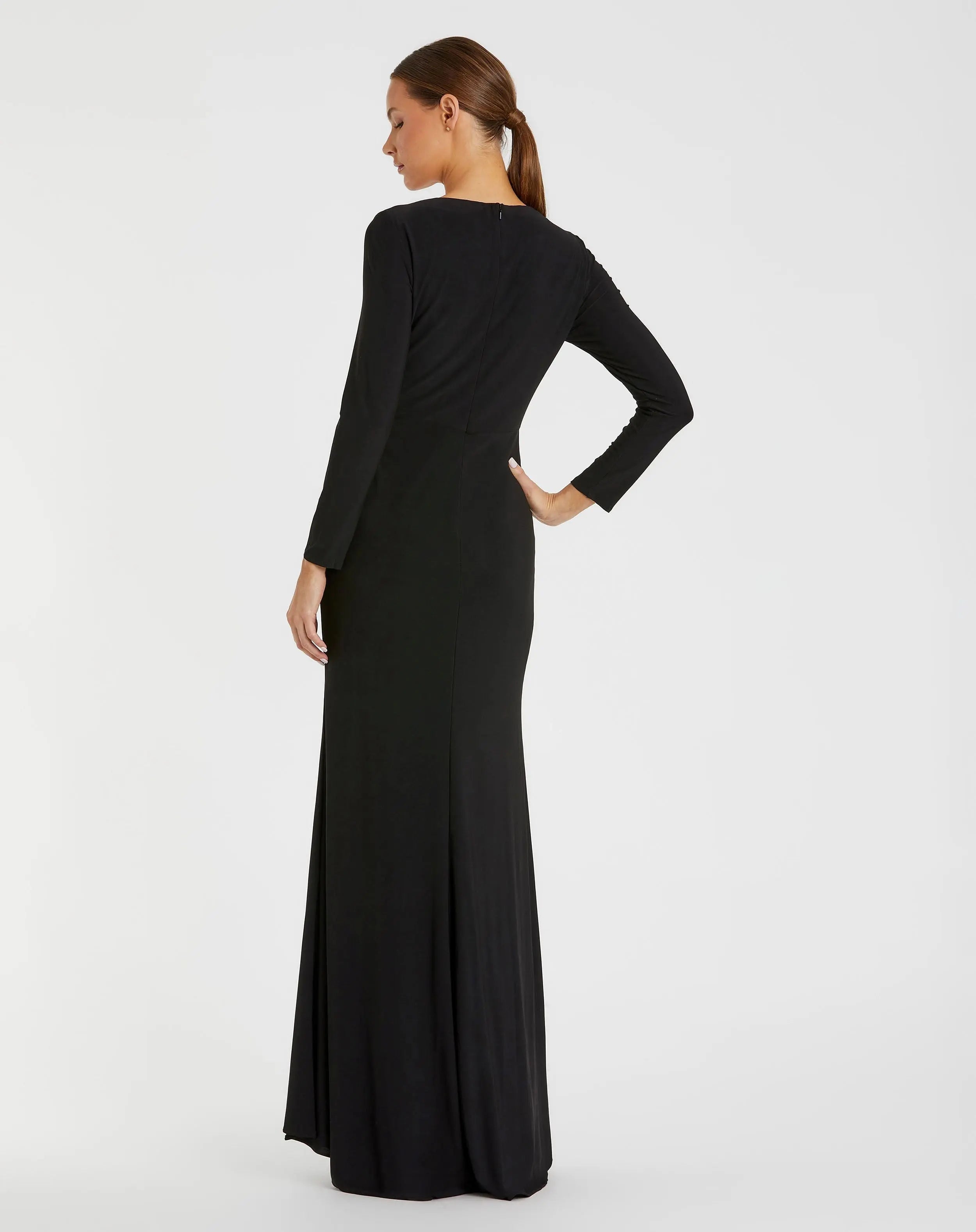 Black Faux Wrap Long Sleeve Evening Gown with Appliqué Detail-Myartka
