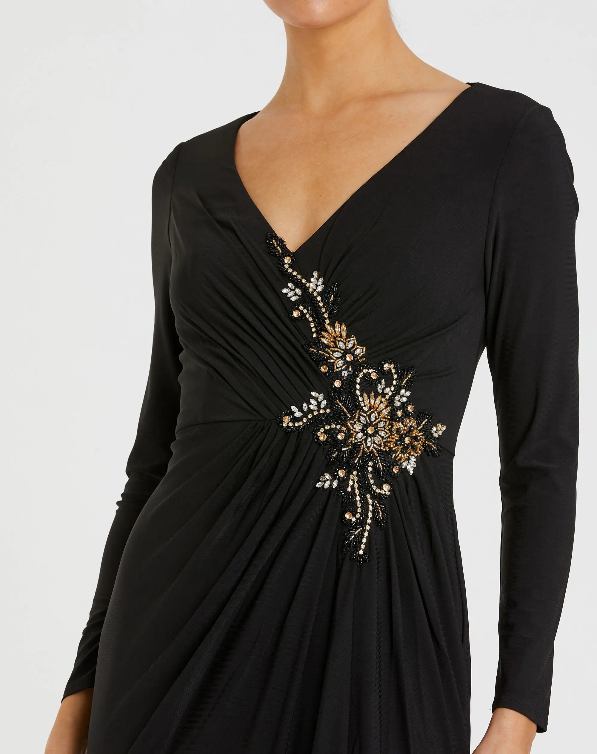 Black Faux Wrap Long Sleeve Evening Gown with Appliqué Detail-Myartka