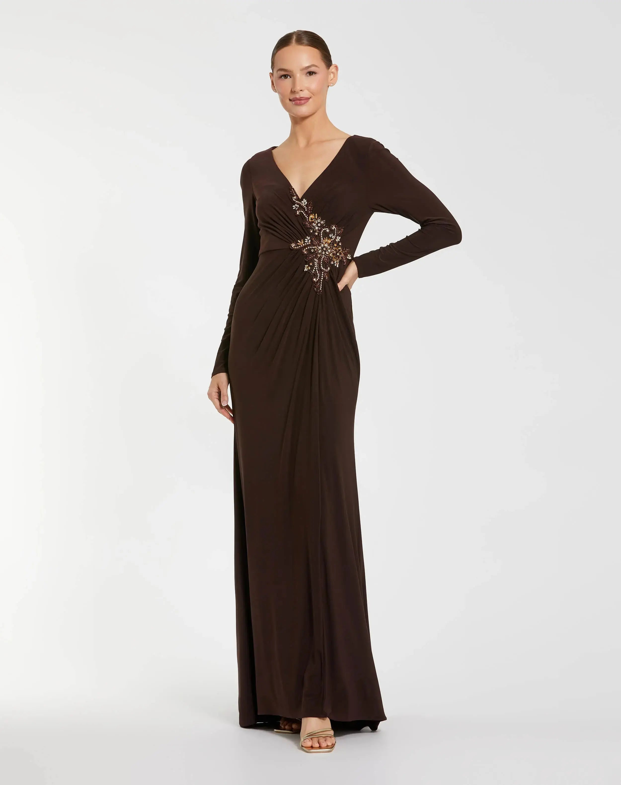 Brown Faux Wrap Long Sleeve Evening Gown with Appliqué Detail-Myartka