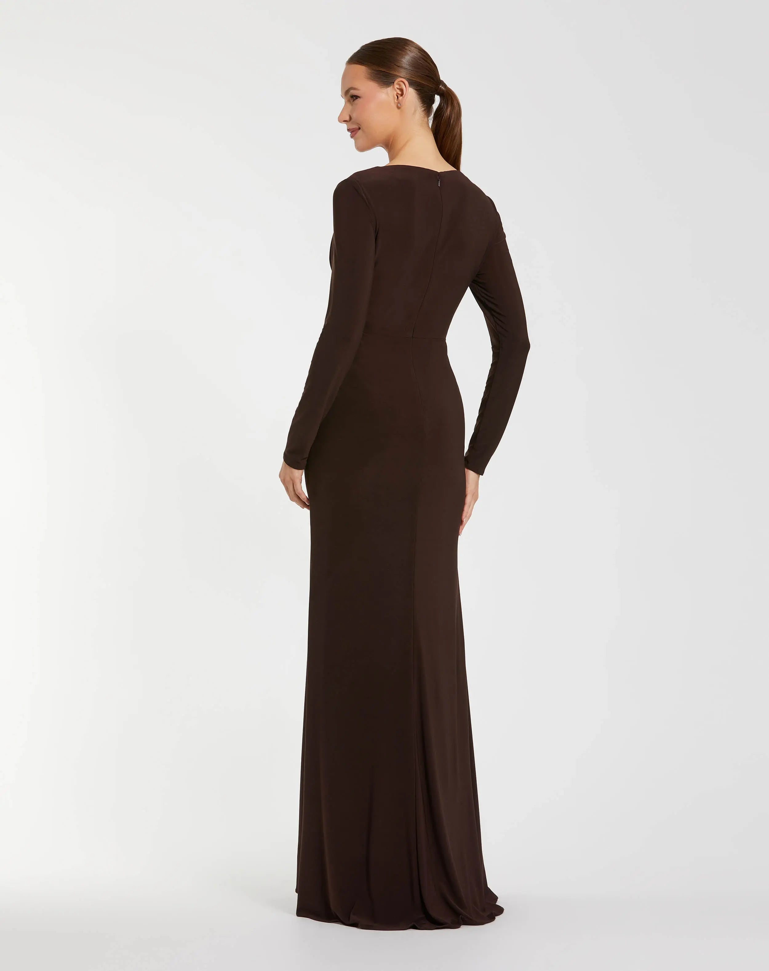 Brown Faux Wrap Long Sleeve Evening Gown with Appliqué Detail-Myartka
