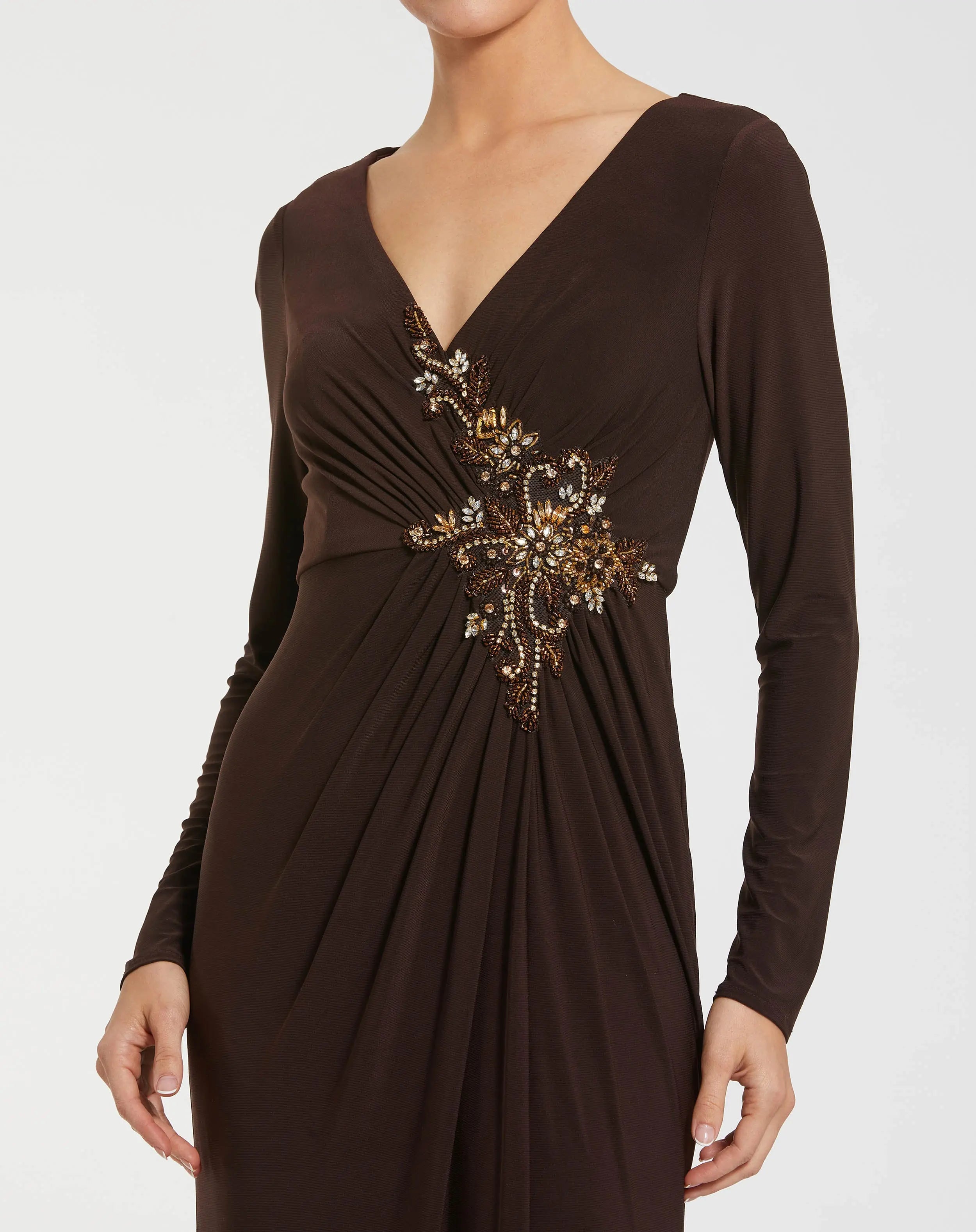 Brown Faux Wrap Long Sleeve Evening Gown with Appliqué Detail-Myartka