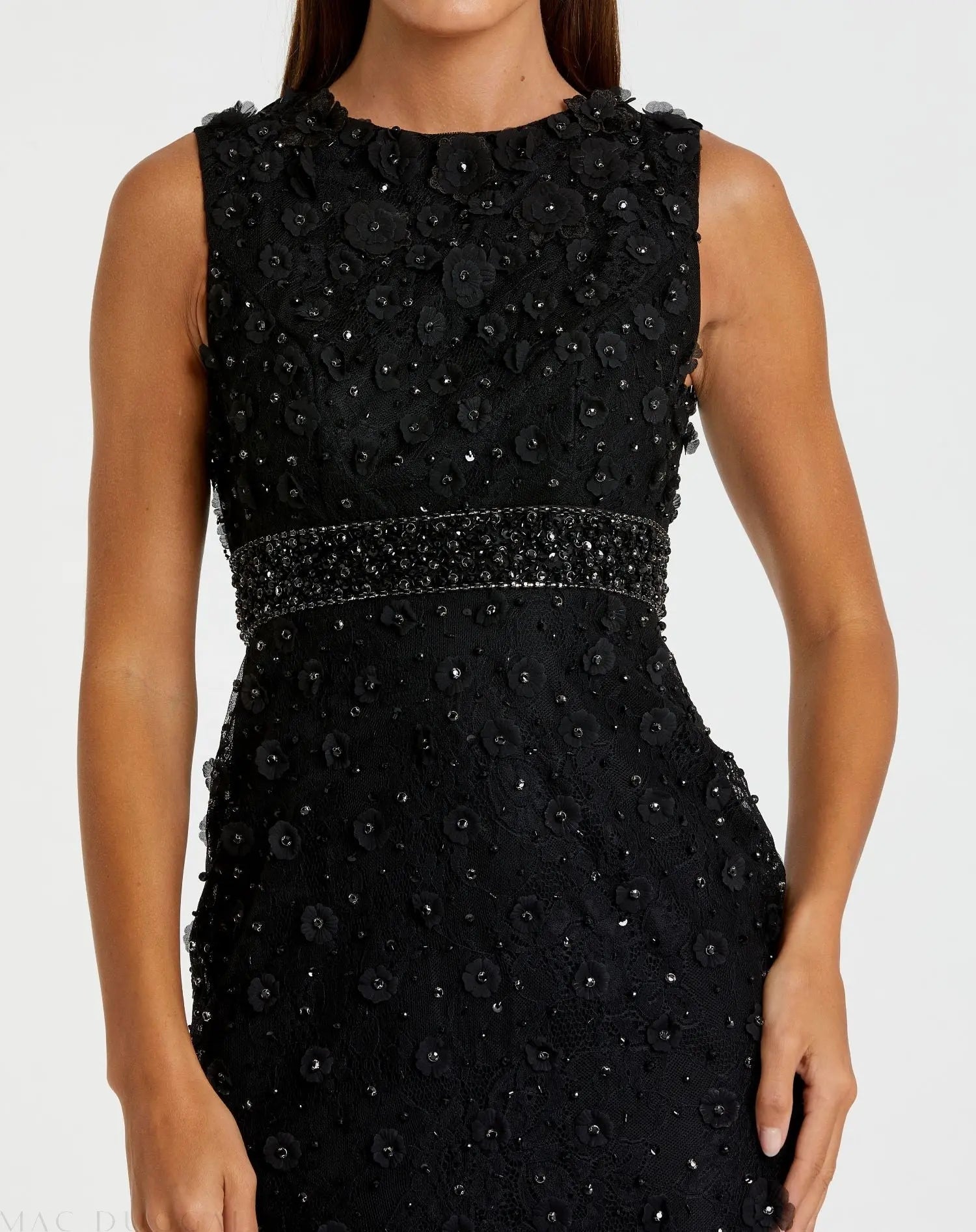 Black Floral Applique Sleeveless Midi Dress-Myartka