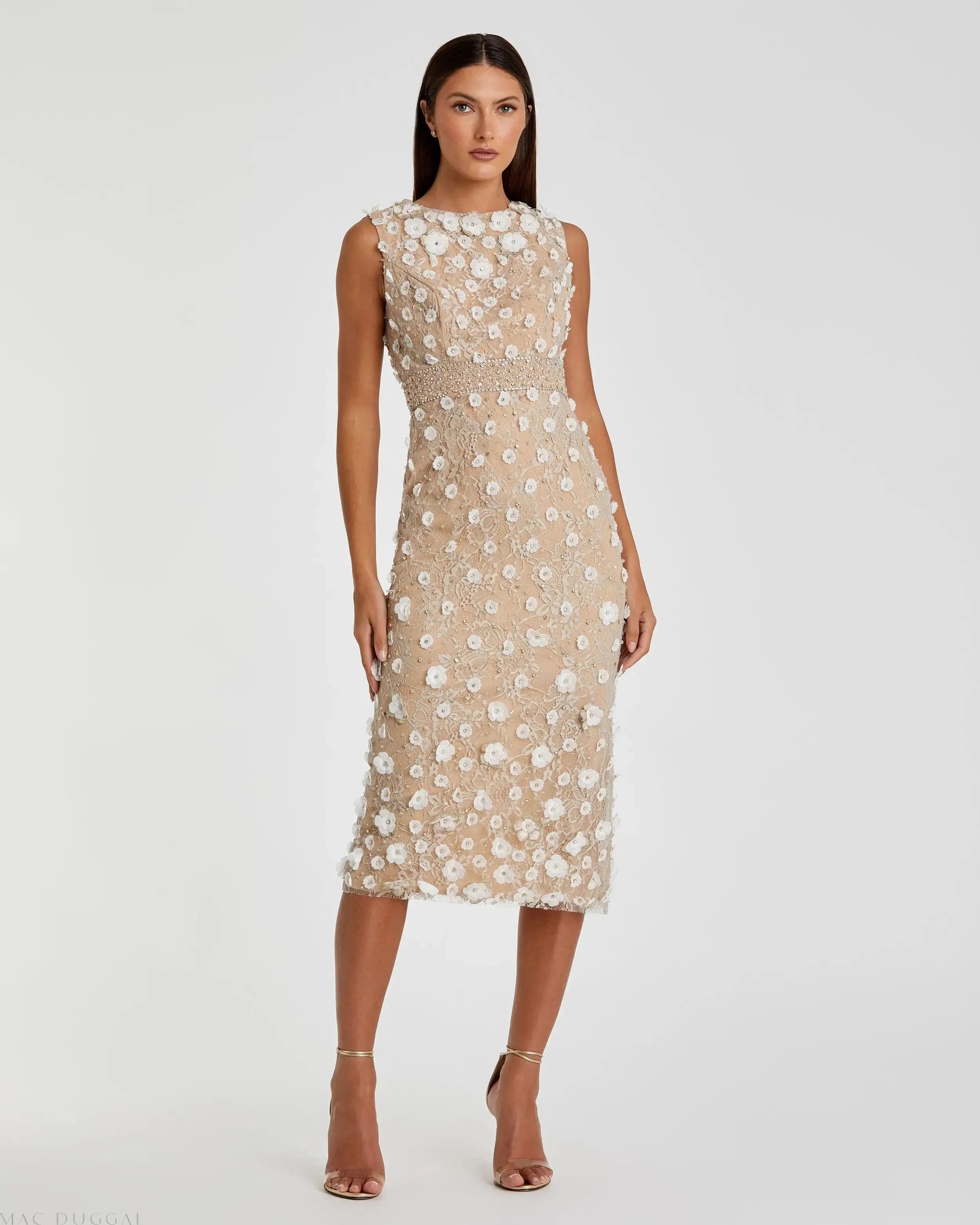 Nude Floral Applique Sleeveless Midi Dress-Myartka
