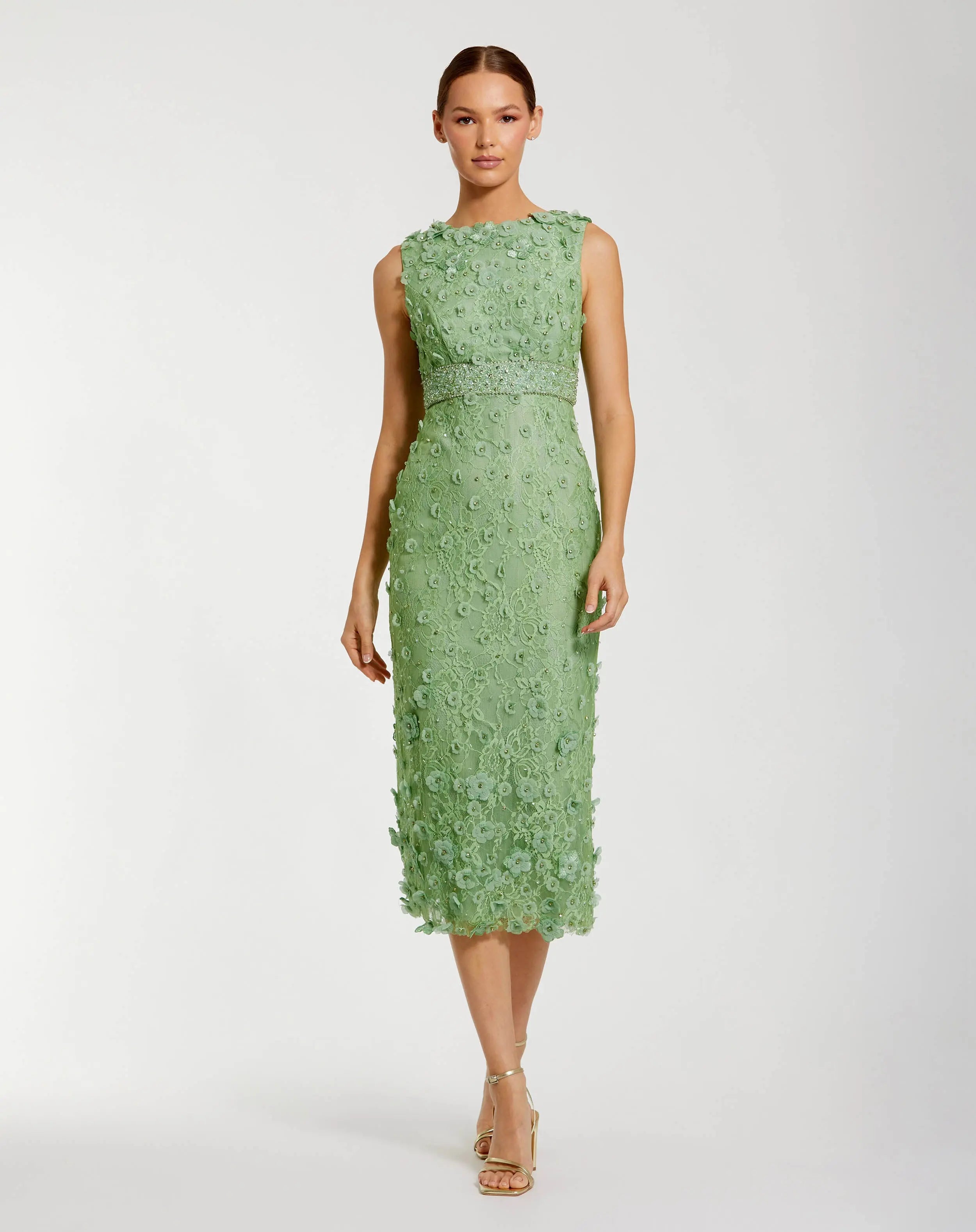 Green Floral Applique Sleeveless Midi Dress-Myartka