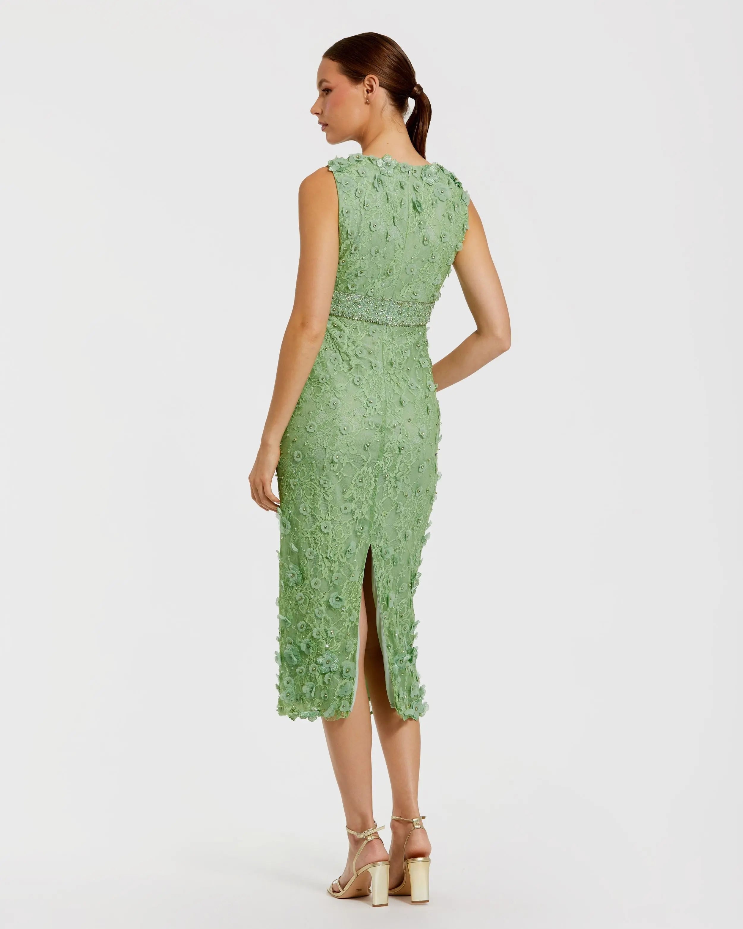Green Floral Applique Sleeveless Midi Dress-Myartka