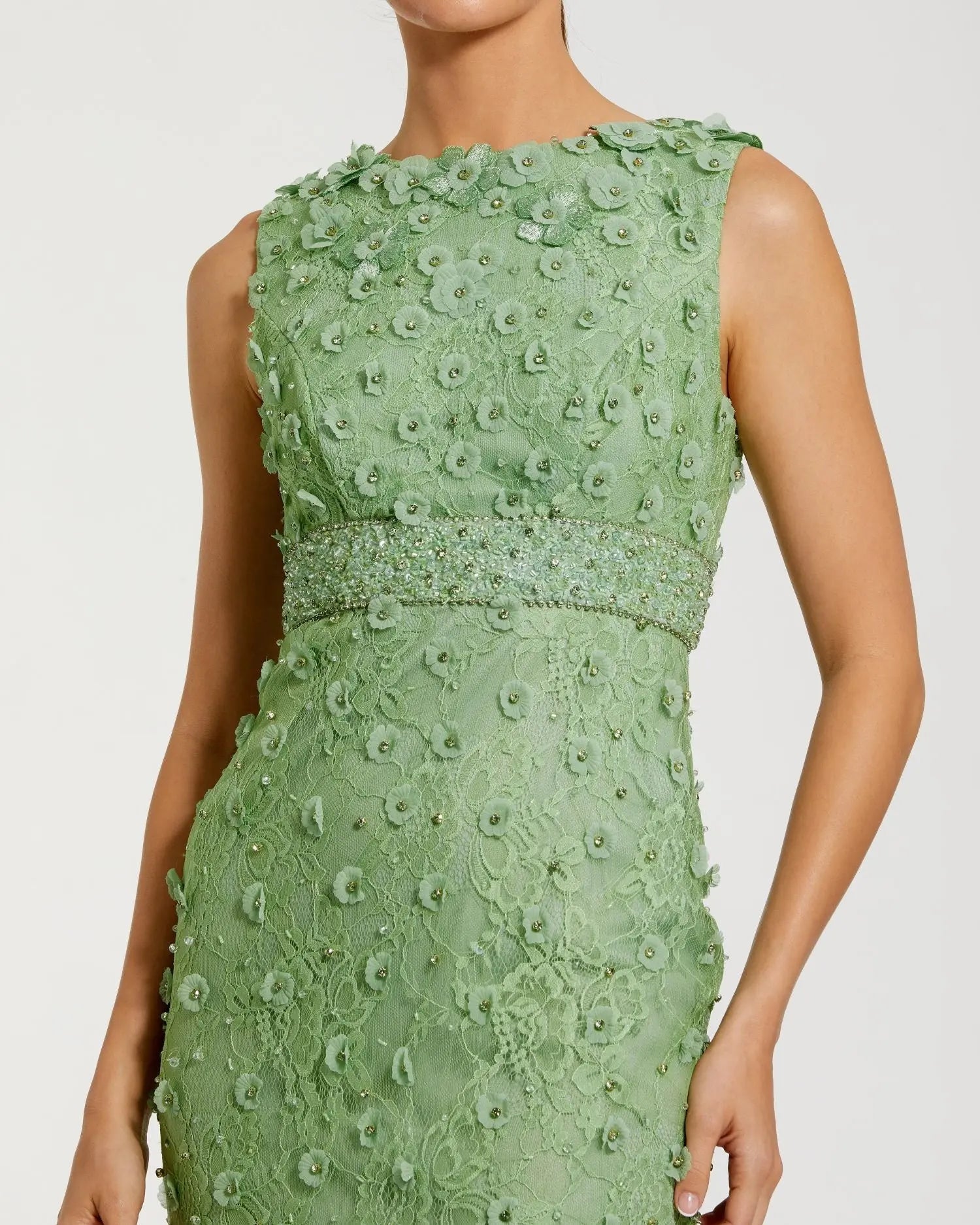 Green Floral Applique Sleeveless Midi Dress-Myartka