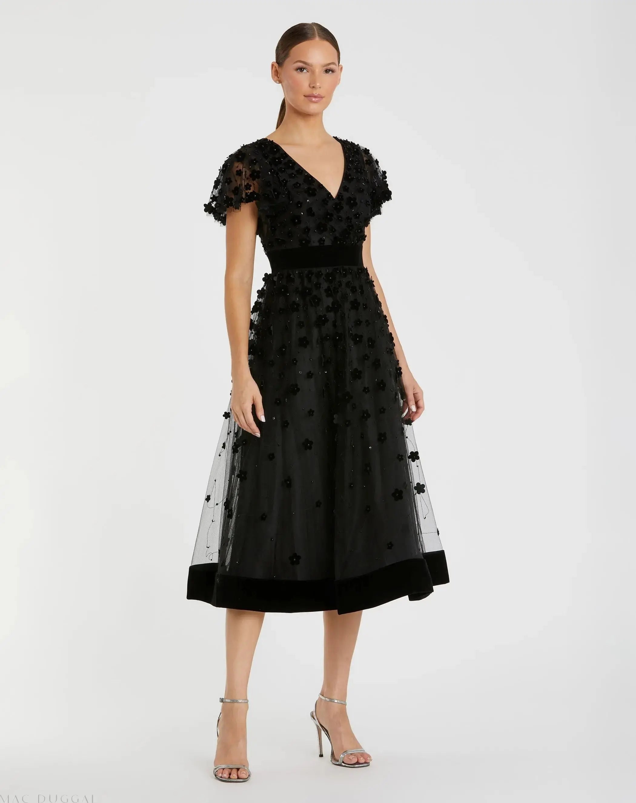 Black Embellished Butterfly Sleeve Velvet Hem Midi Dress-Myartka