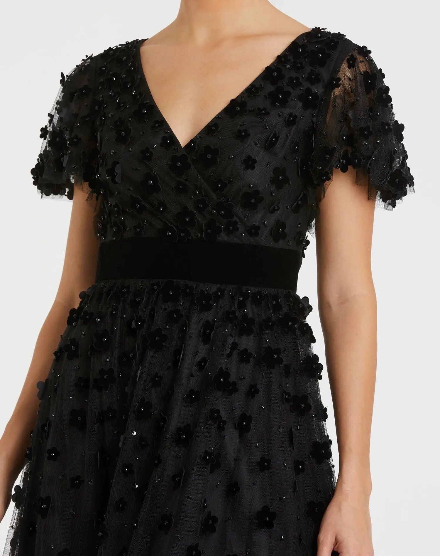 Black Embellished Butterfly Sleeve Velvet Hem Midi Dress-Myartka