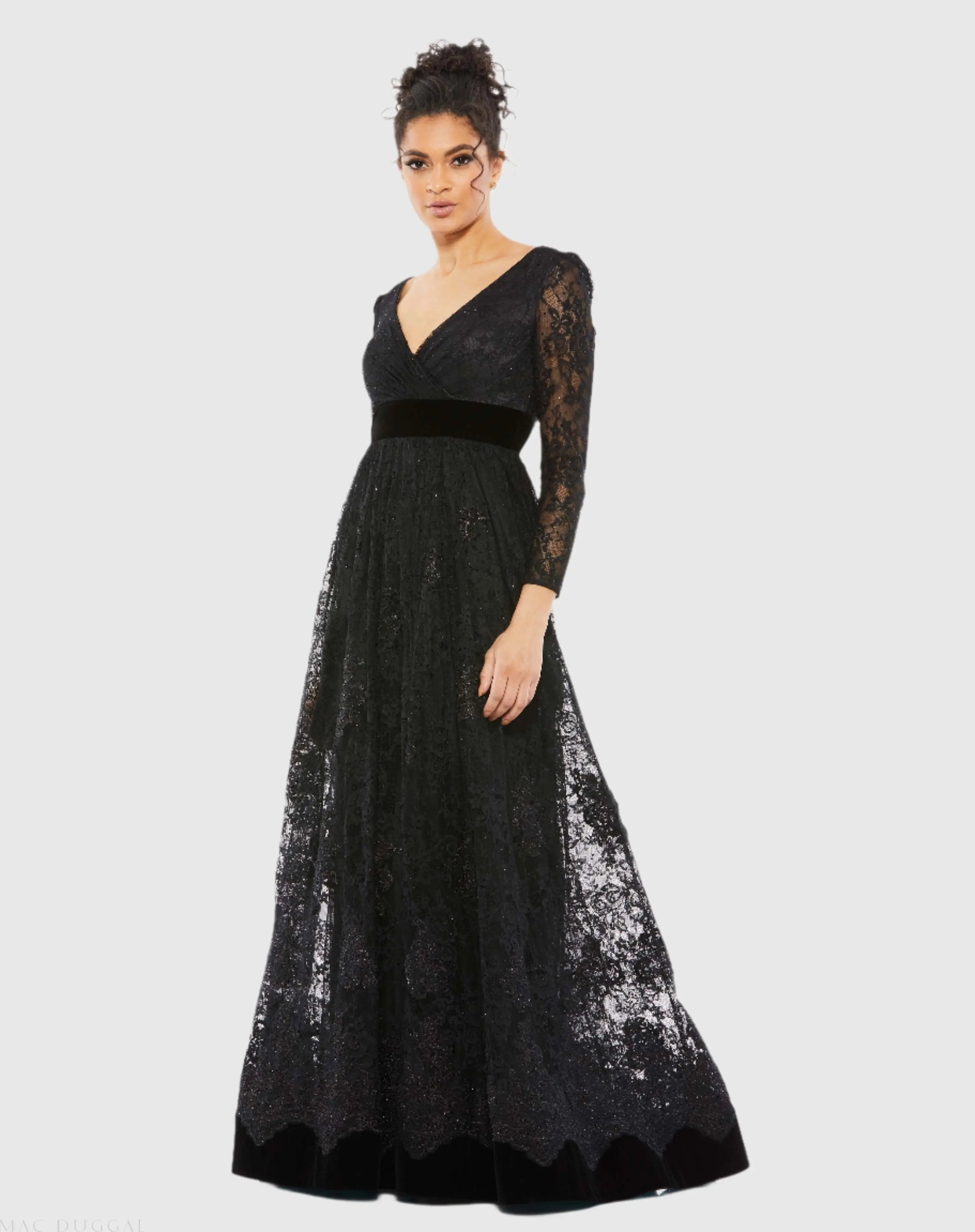 Black Lace Long Sleeve V-Neck Wrap Over Gown-Myartka
