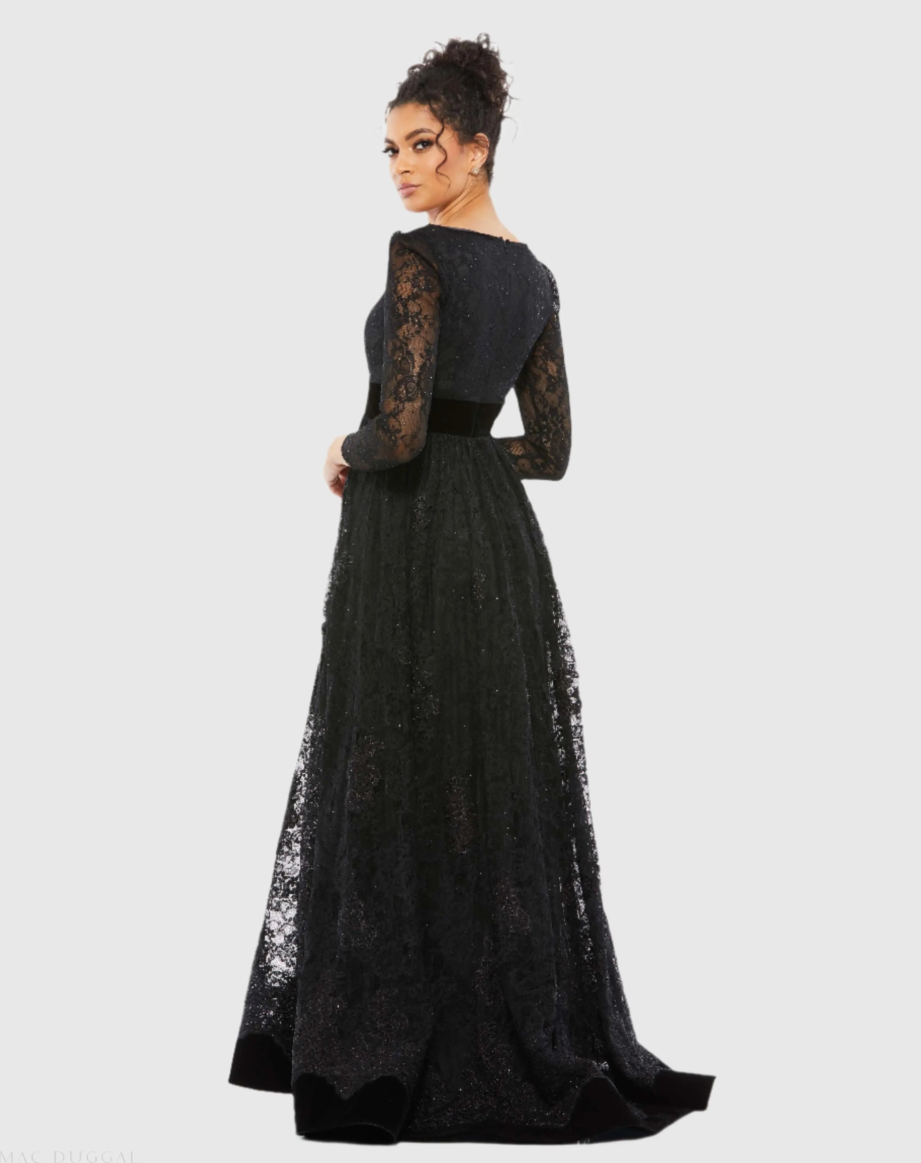 Black Lace Long Sleeve V-Neck Wrap Over Gown-Myartka