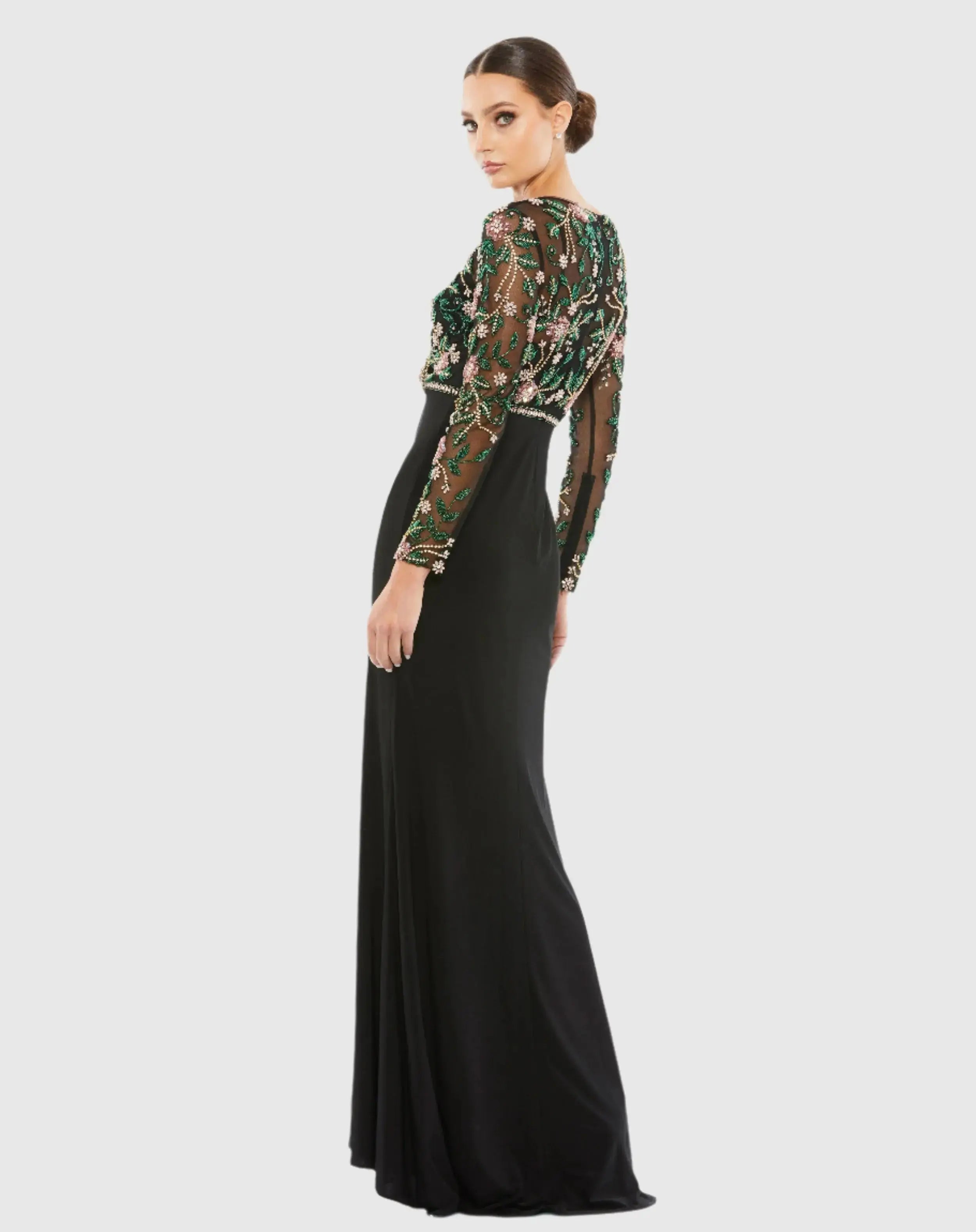 Black Beaded Illusion High Neck Trumpet Gown-Myartka