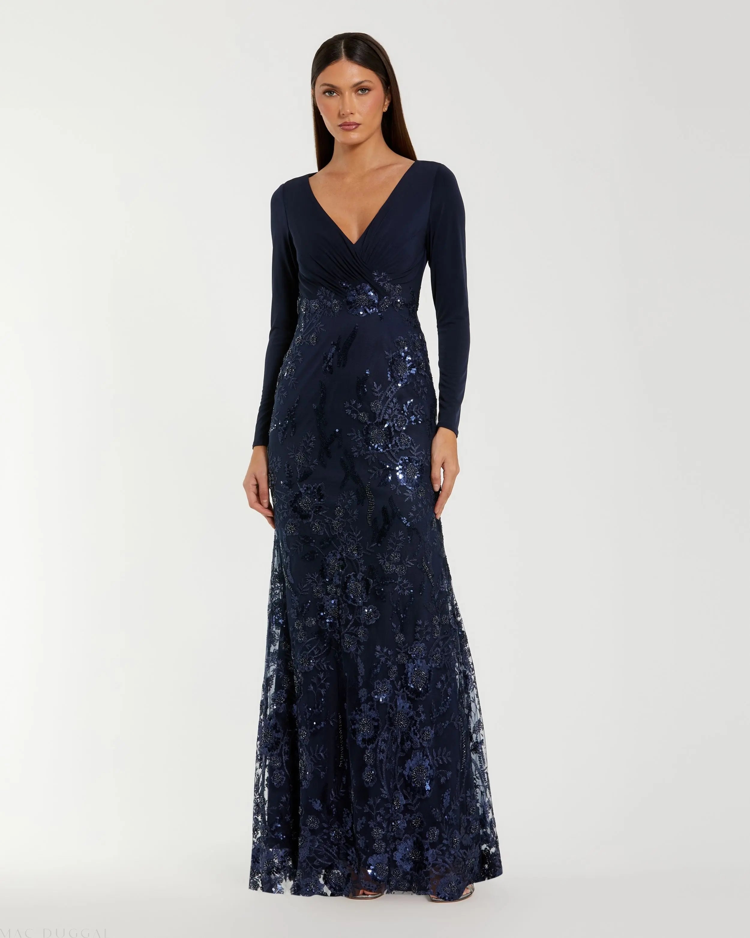 Navy Embellished Long Sleeve Wrap Over Trumpet Gown-Myartka