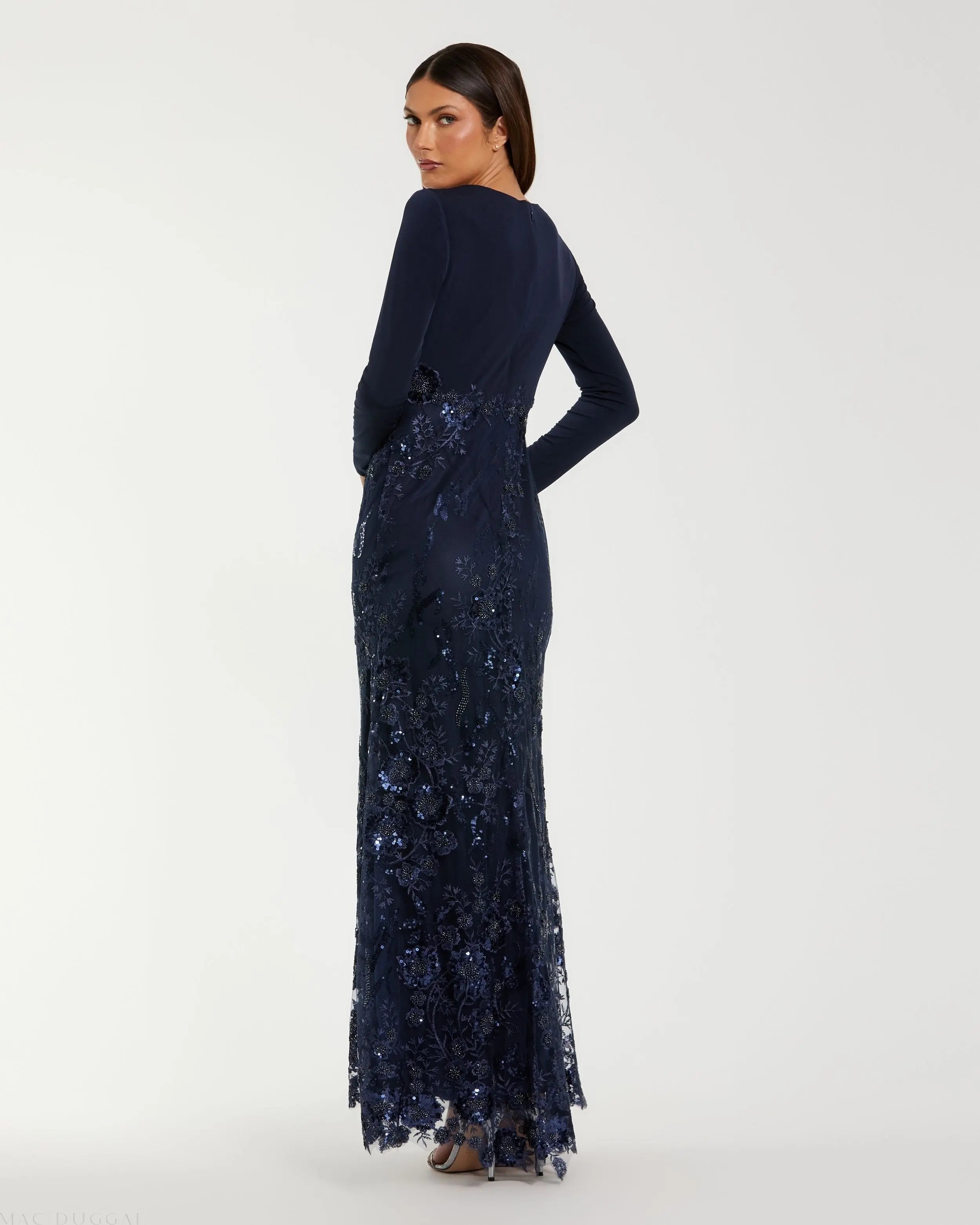 Navy Embellished Long Sleeve Wrap Over Trumpet Gown-Myartka