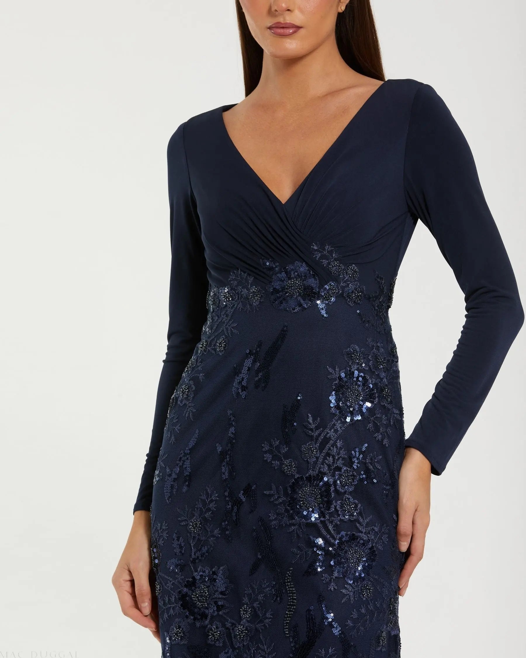 Navy Embellished Long Sleeve Wrap Over Trumpet Gown-Myartka