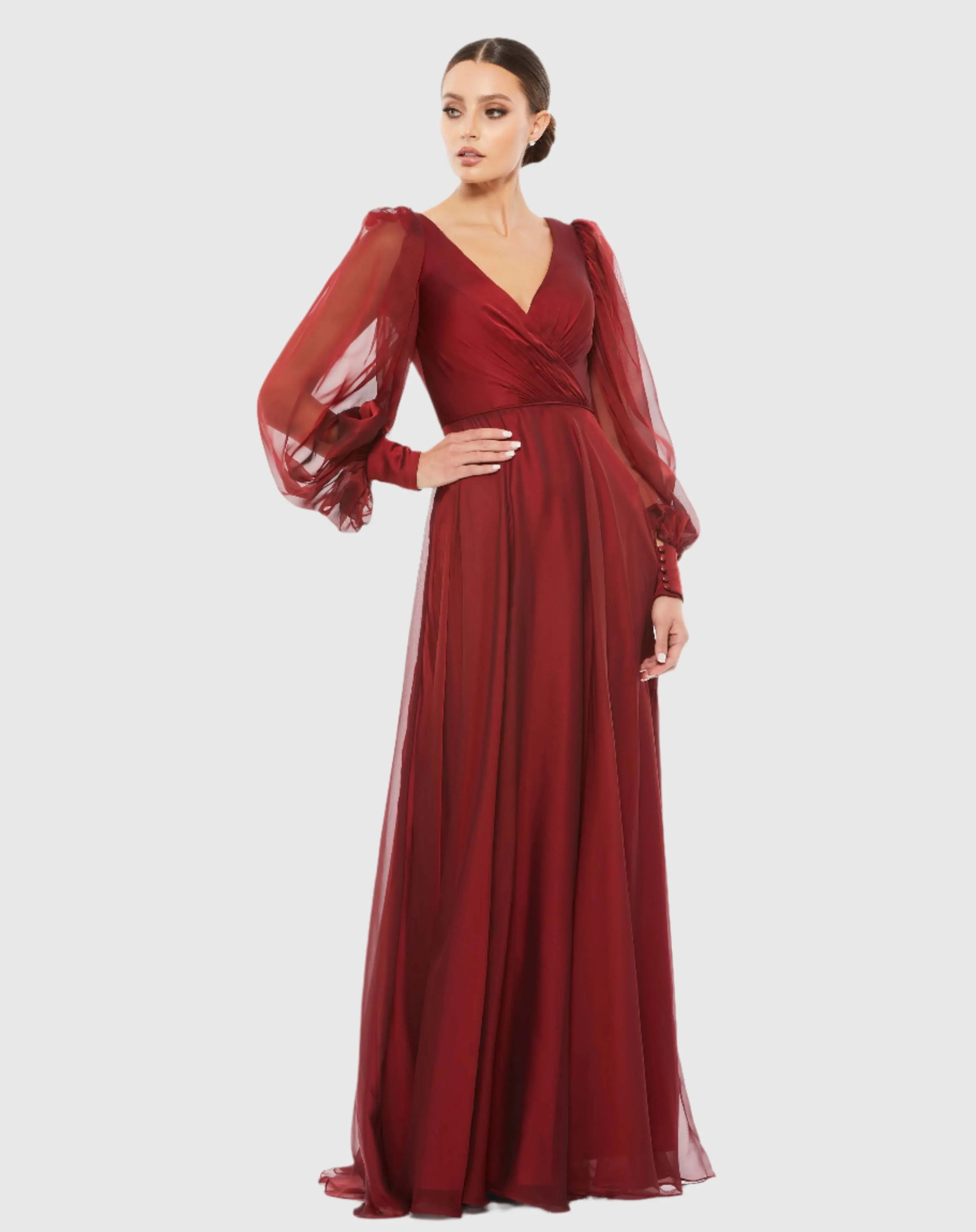 Red Sheer Blouson Sleeve Surplice Gown-Myartka